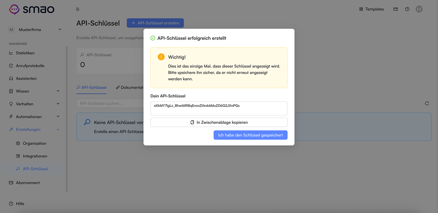 Screenshot: API-Key kopieren