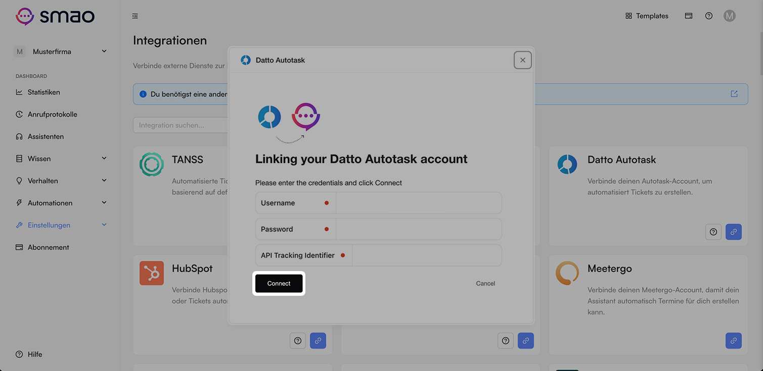 Screenshot: Datto Autotask Verbindung starten