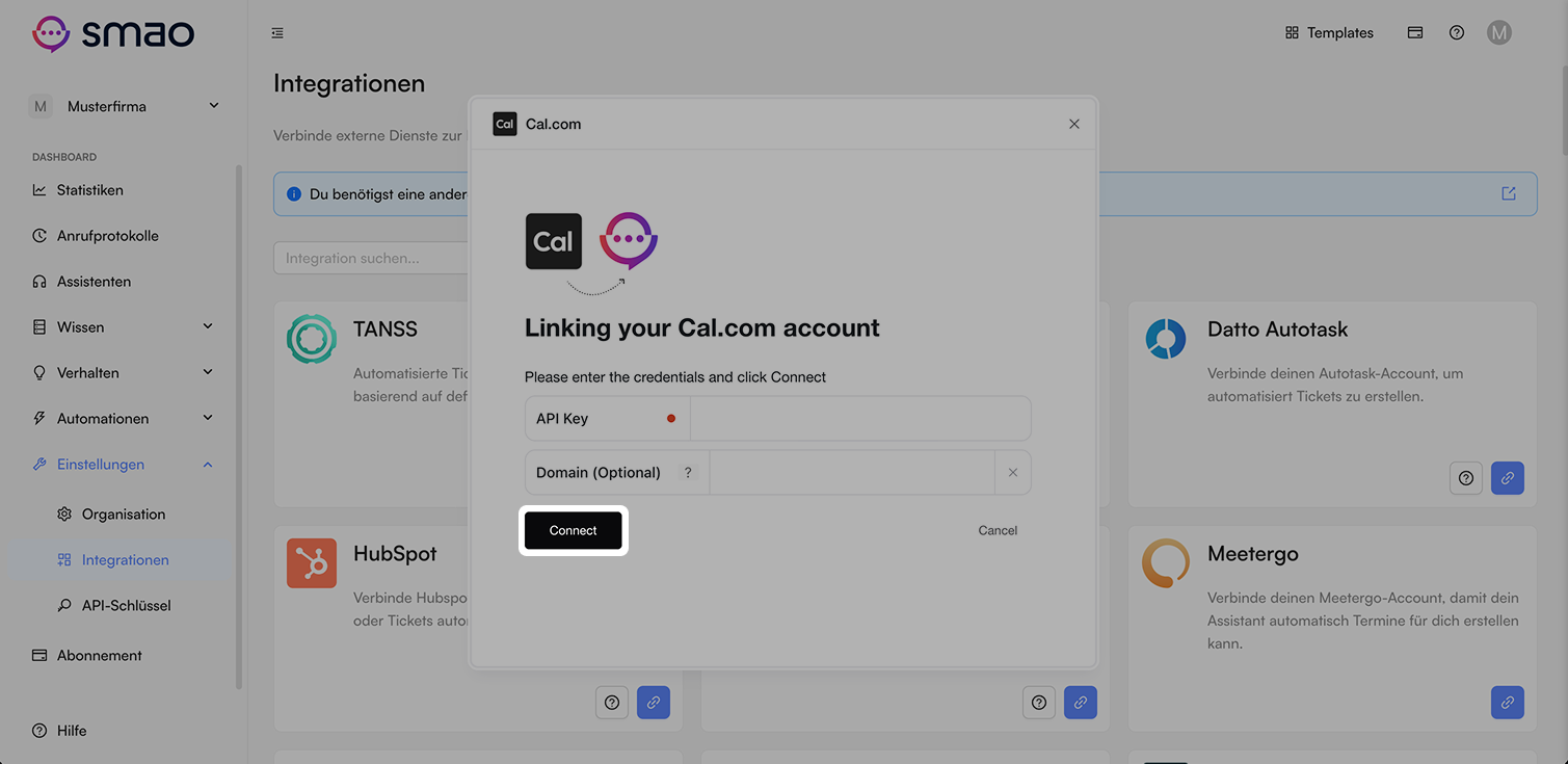Screenshot: Cal.com Verbindung starten