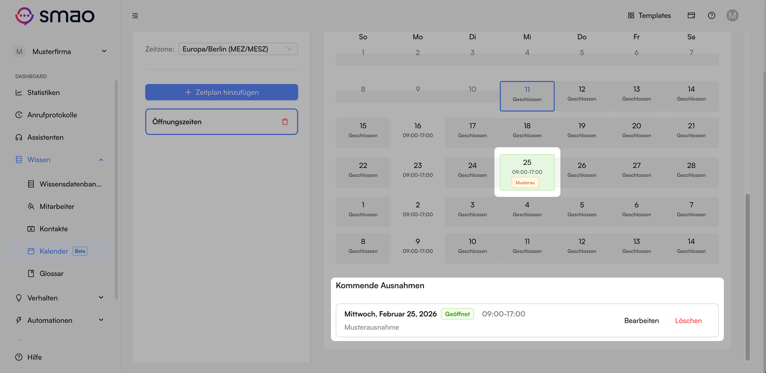 Screenshot: Ausnahmen Übersicht