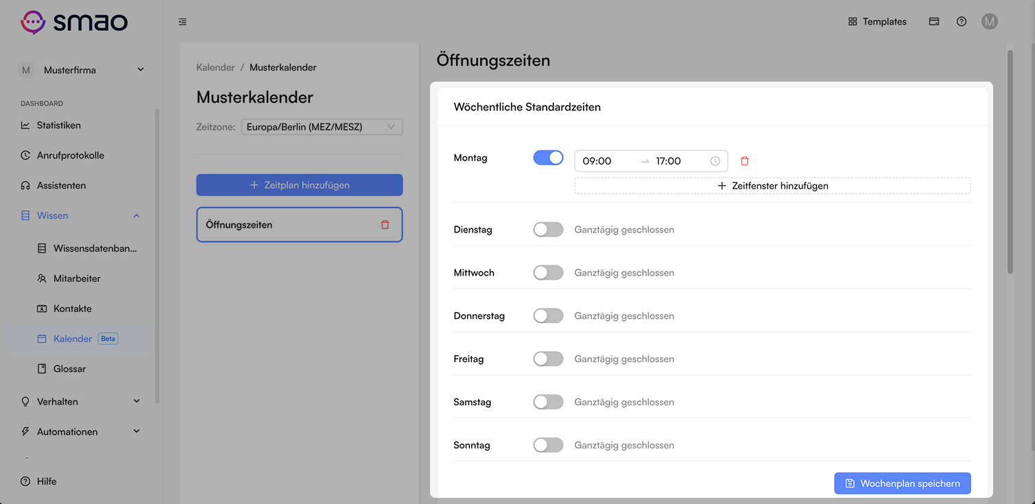 Screenshot: Standardzeitfenster anlegen