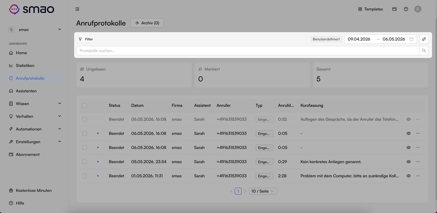 Screenshot: Anrufprotokolle Filterleiste
