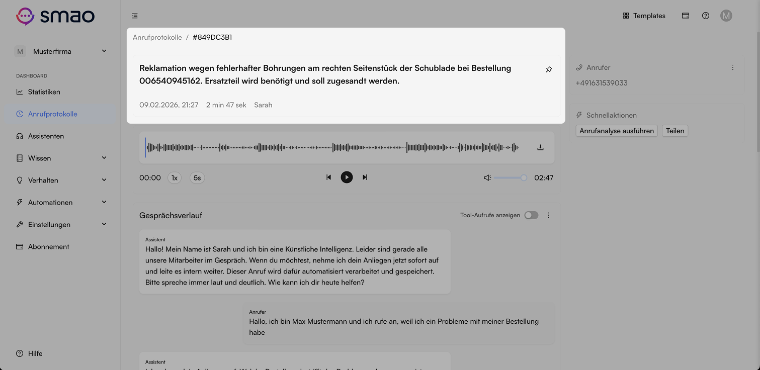 Screenshot: Anrufinformationen