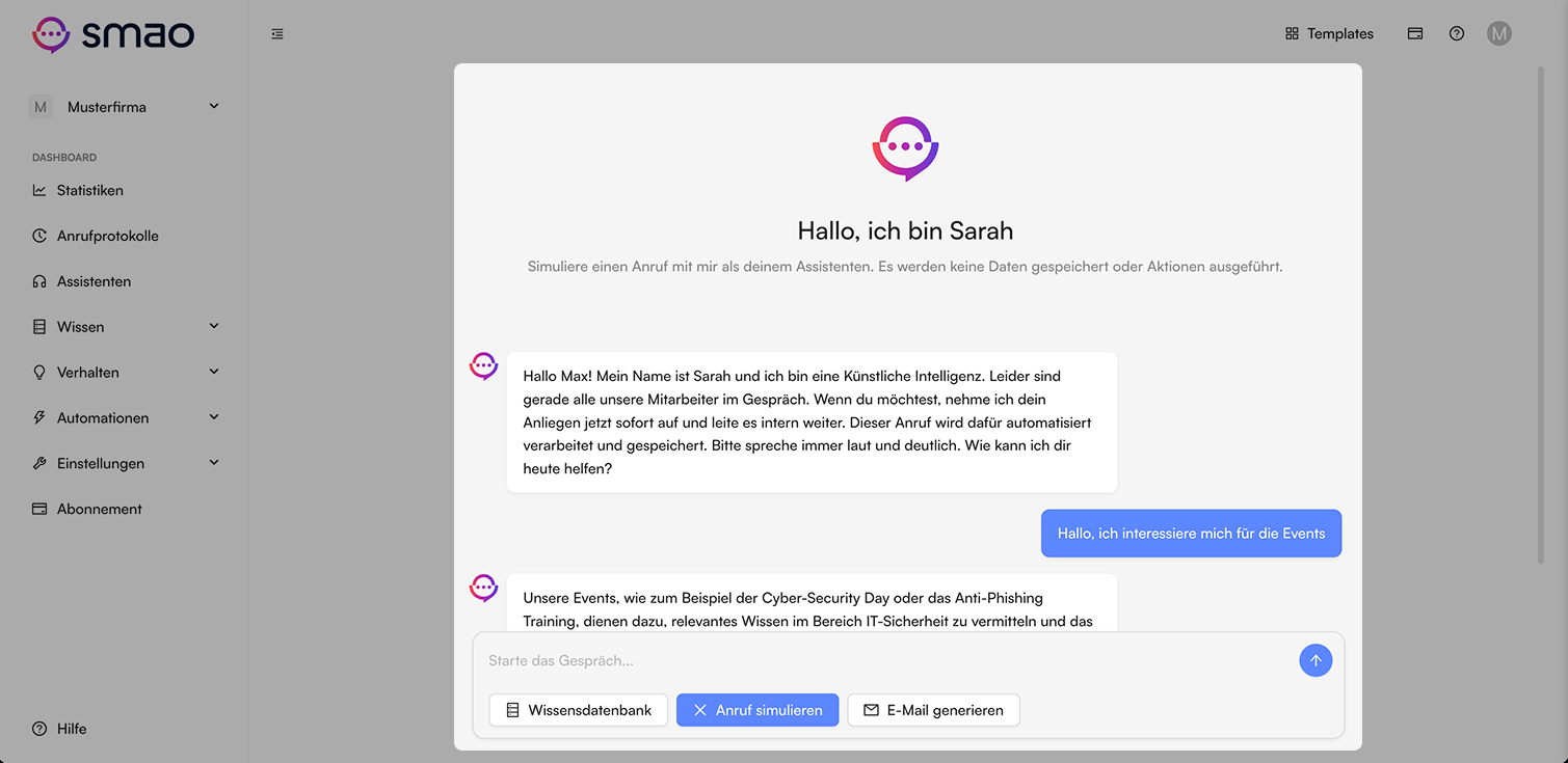 Screenshot: Anruf simulieren