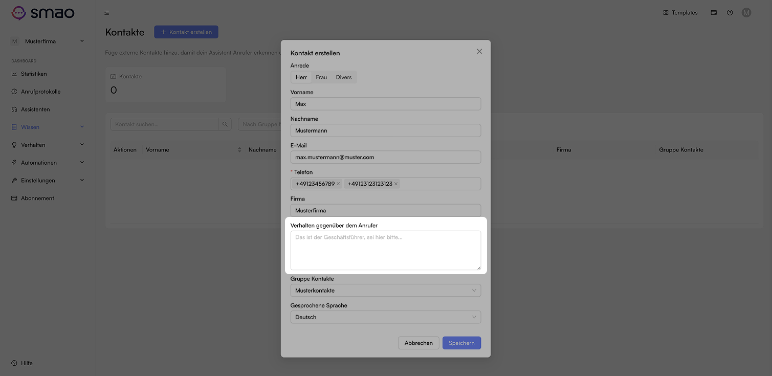 Screenshot: Kontakt Verhalten