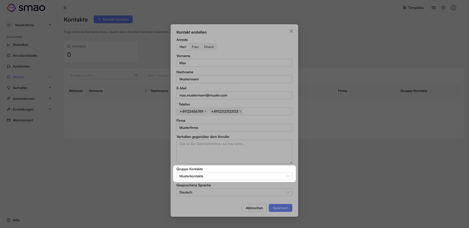 Screenshot: Kontakt Gruppe zuordnen