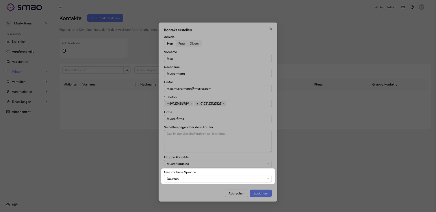 Screenshot: Kontakt Sprache