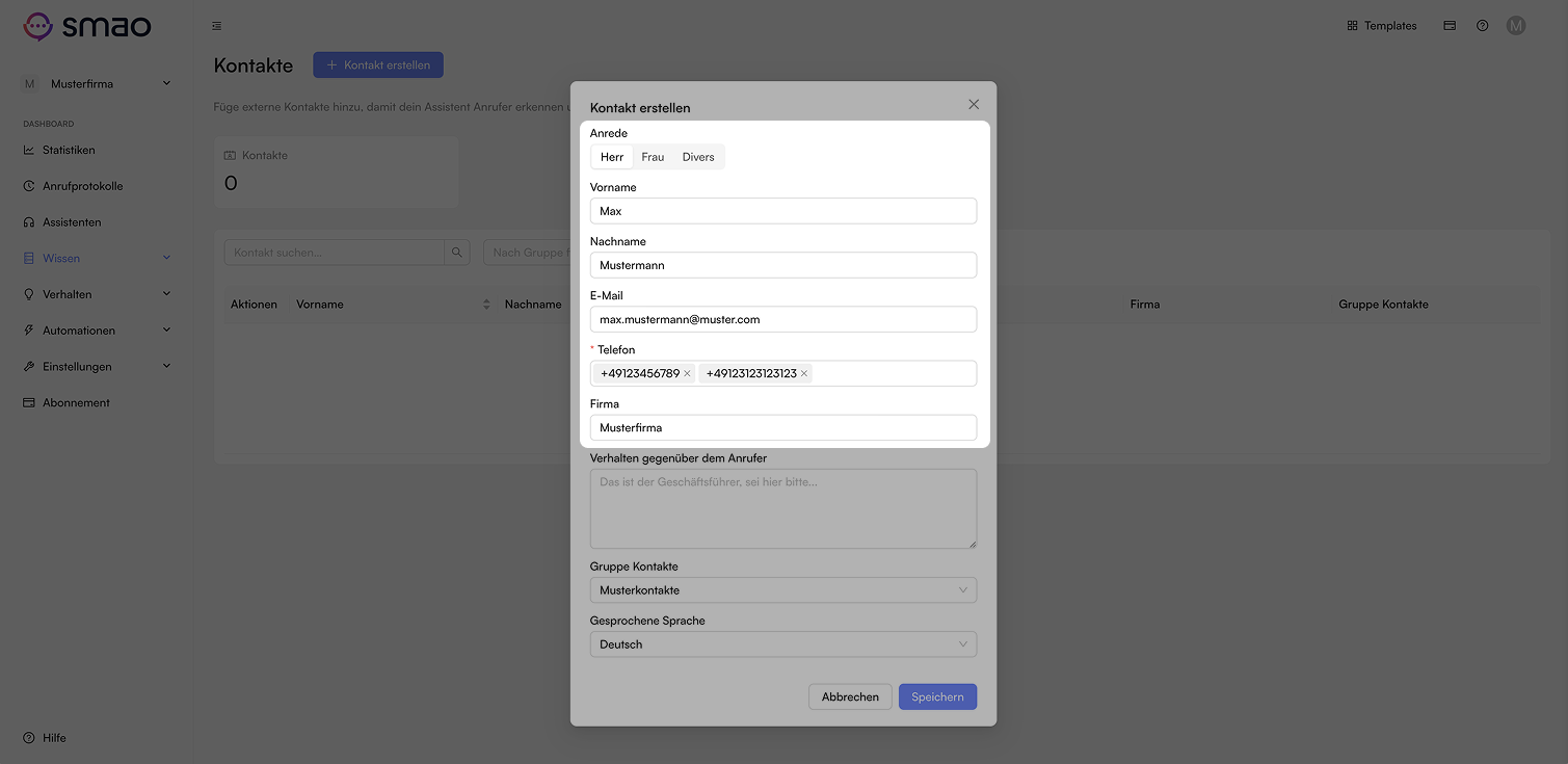 Screenshot: Kontakt Informationen