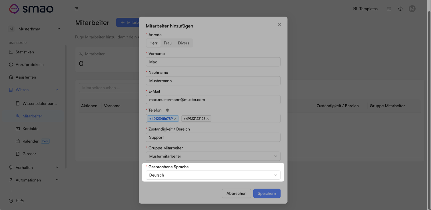 Screenshot: Mitarbeiter Sprache