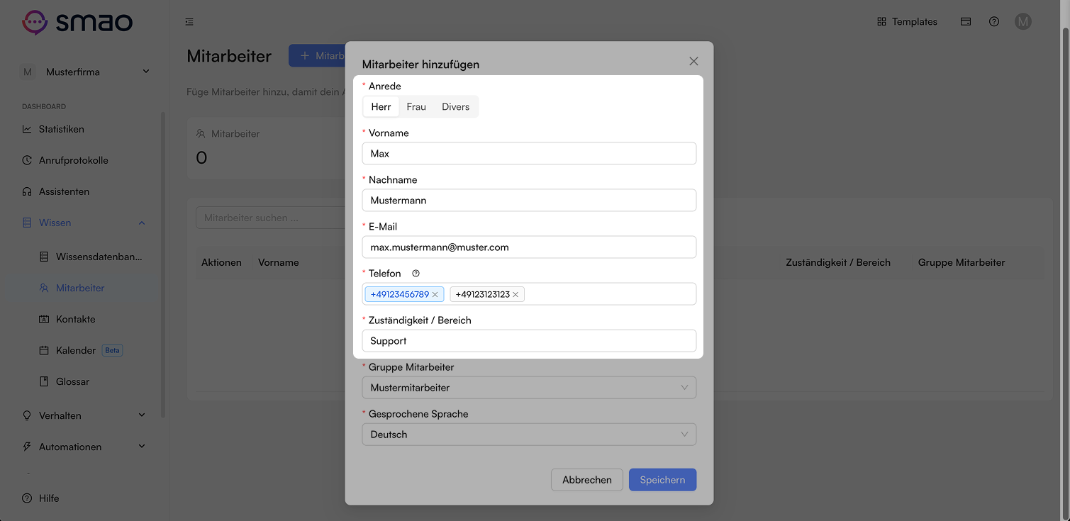 Screenshot: Mitarbeiterinformationen