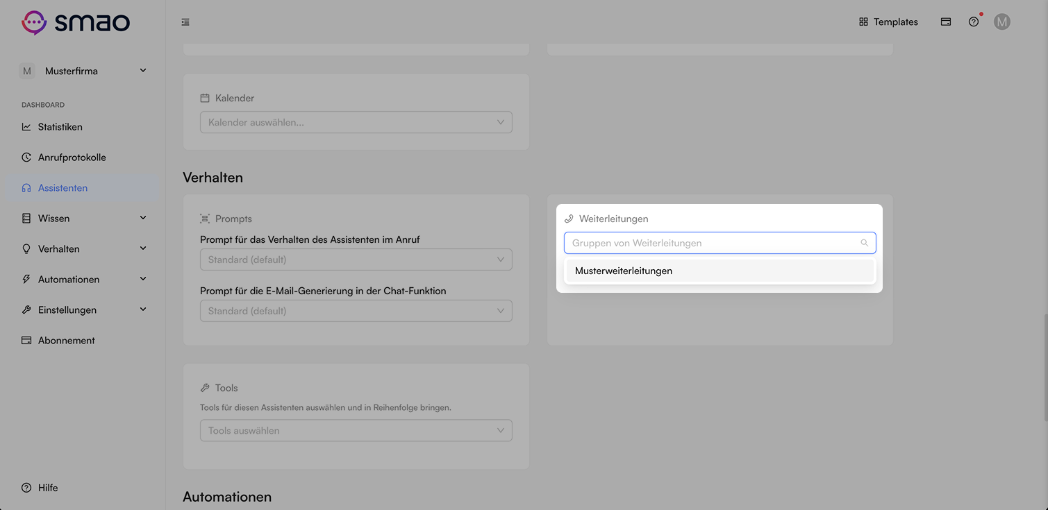 Screenshot: Weiterleitungen im Assistenten zuordnen