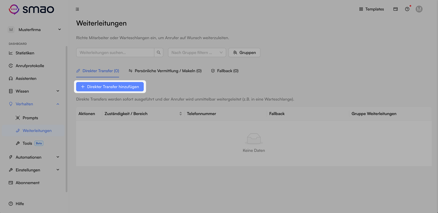 Screenshot: Weiterleitung an Personen oder Teams anlegen