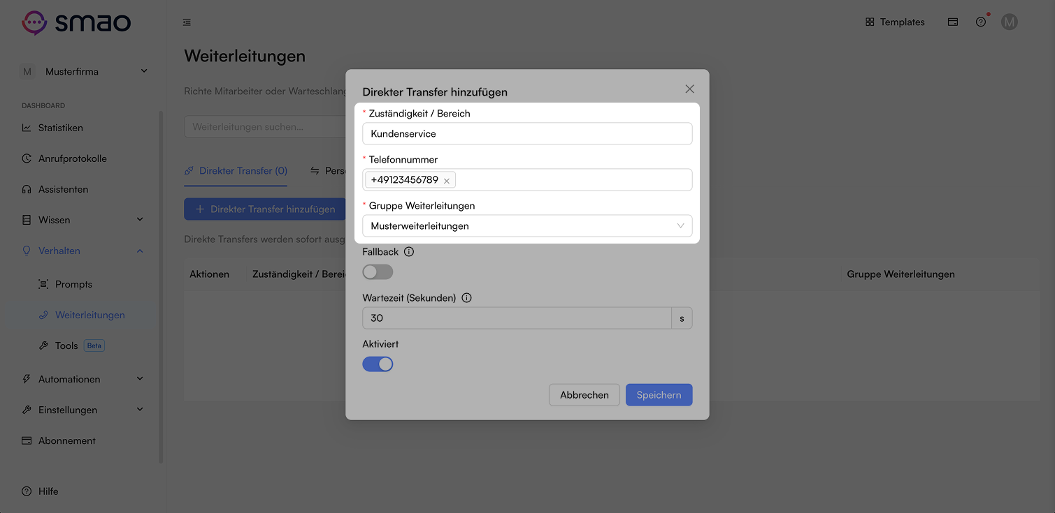 Screenshot: Direkten Transfer definieren
