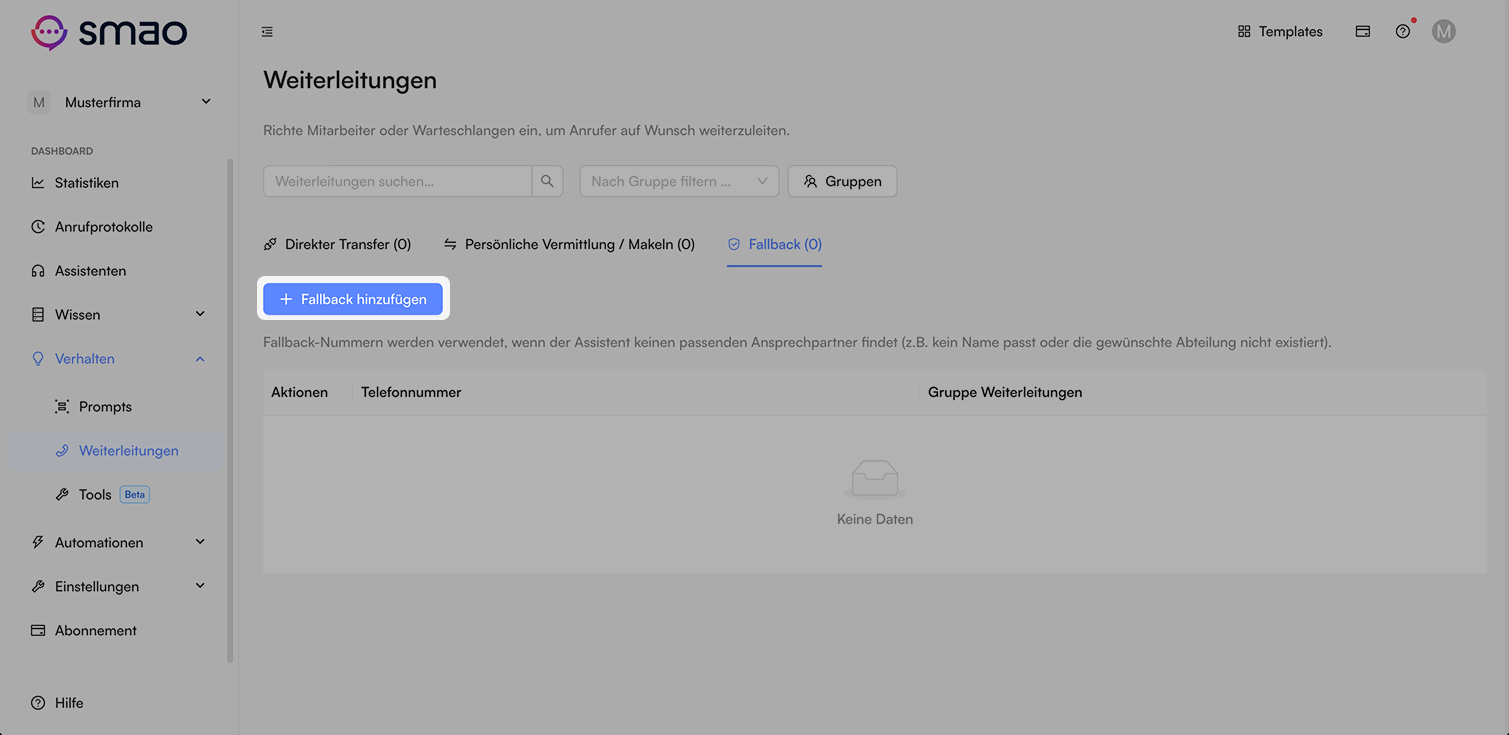 Screenshot: Fallback-Weiterleitung erstellen