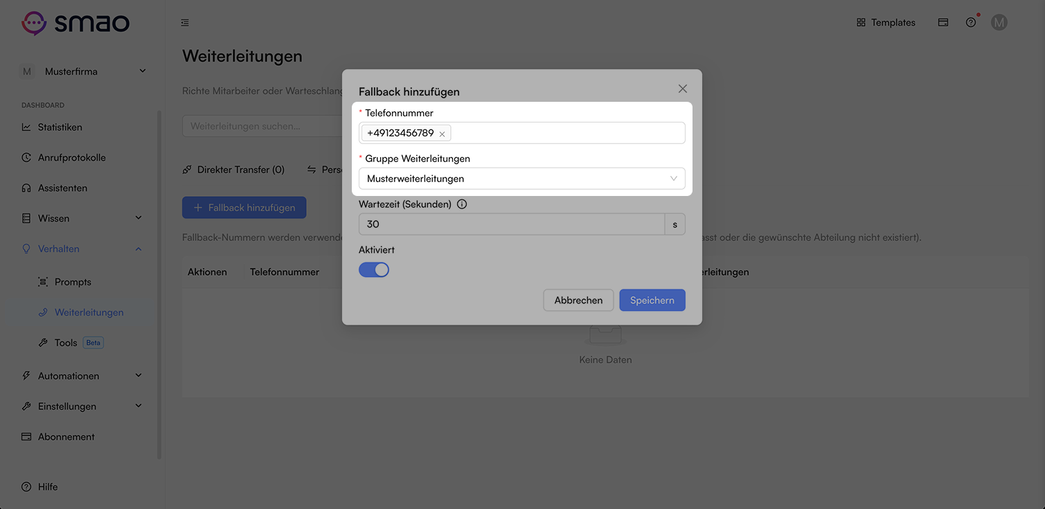 Screenshot: Fallback-Weiterleitung definieren