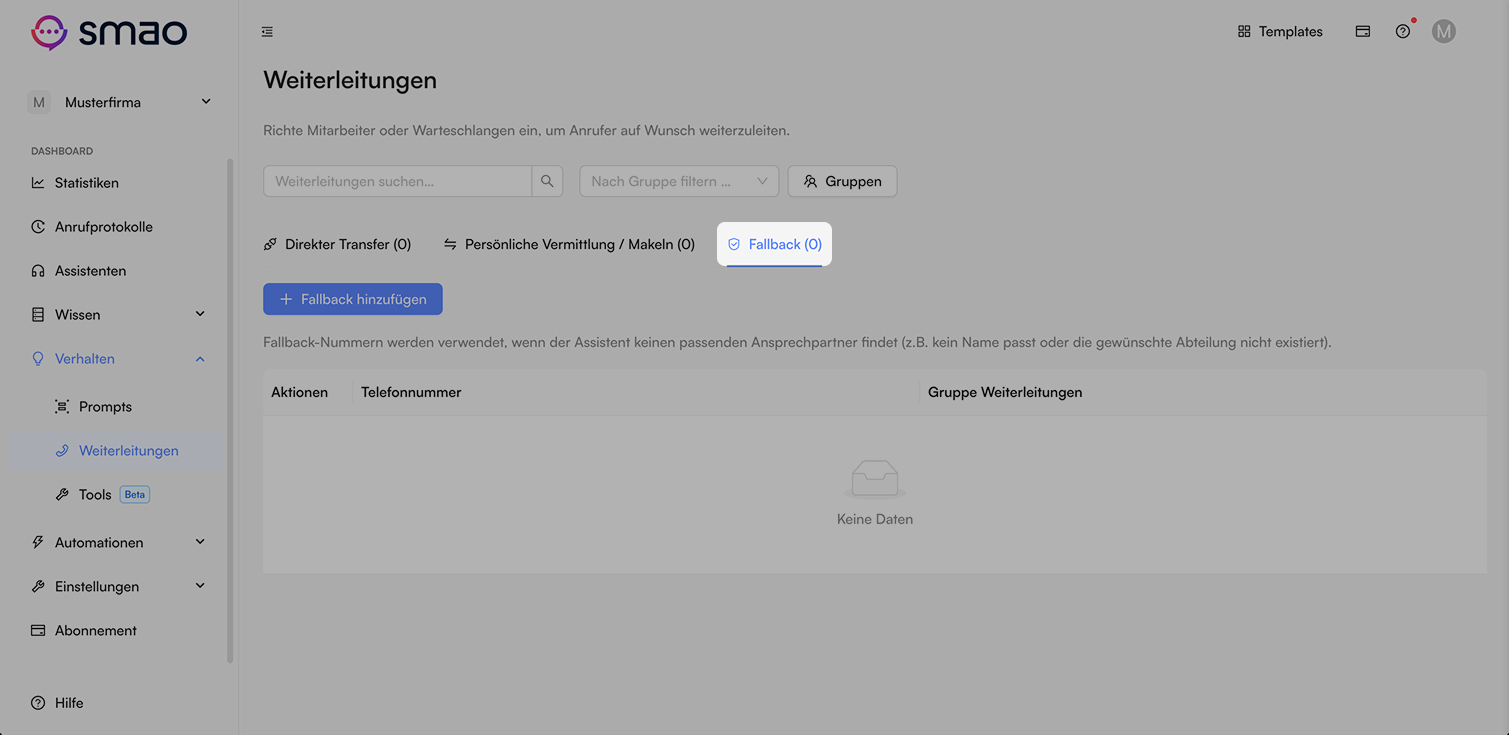 Screenshot: Fallback-Weiterleitung anlegen