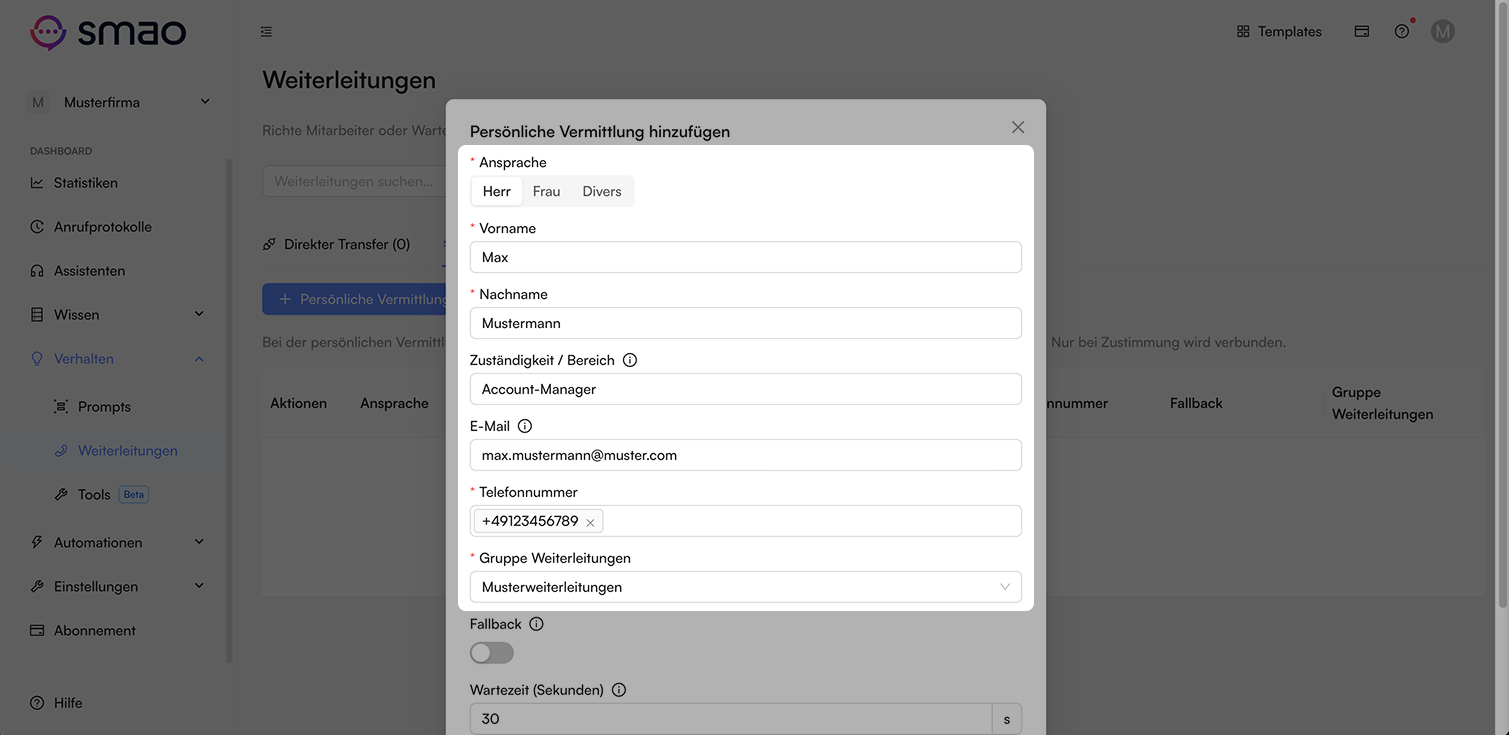 Screenshot: Persönliche Vermittlung/Makeln definieren