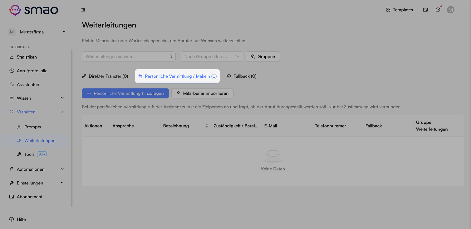 Screenshot: Weiterleitung mit einholender Bestätigung