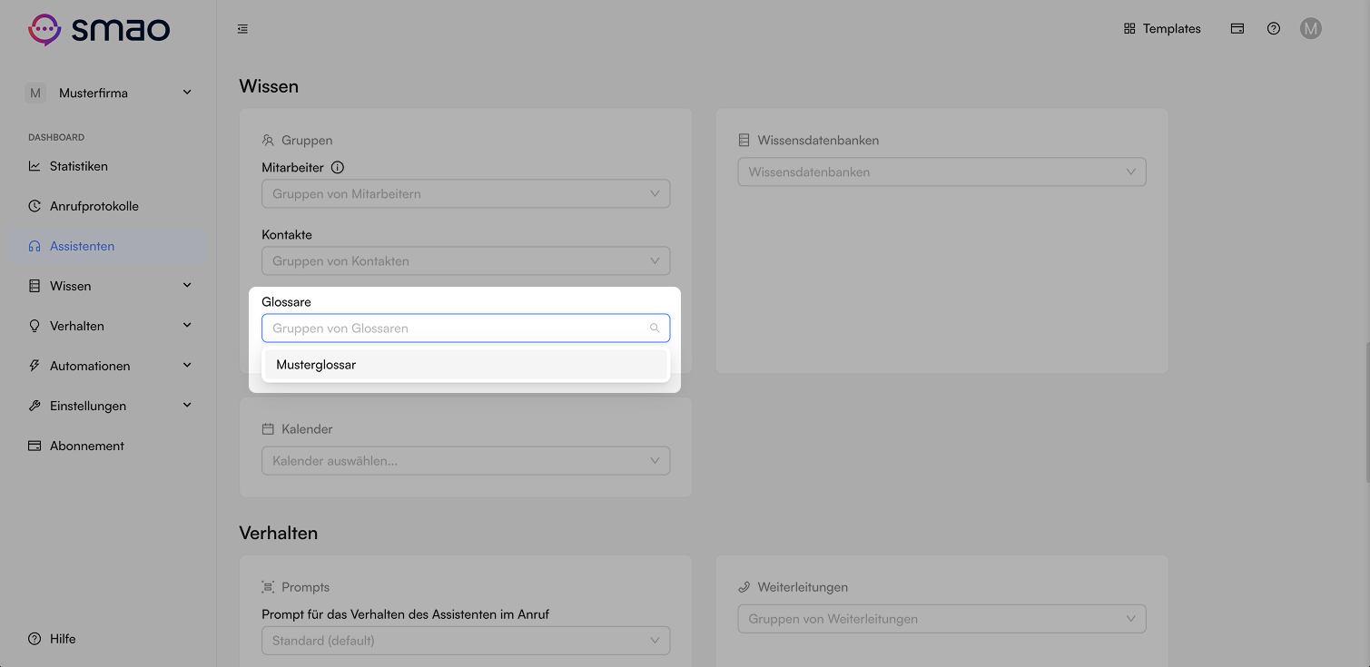 Screenshot: Glossareintrag im Assistenten zuordnen