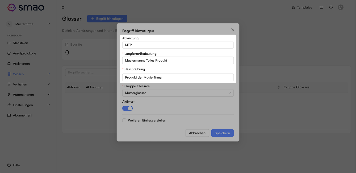 Screenshot: Glossareintrag-Informationen