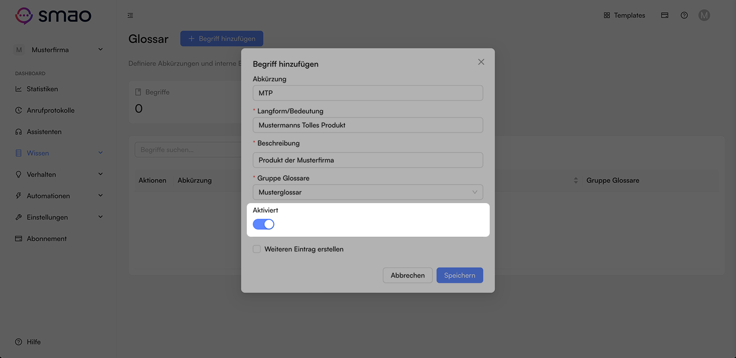 Screenshot: Glossareintrag-Status
