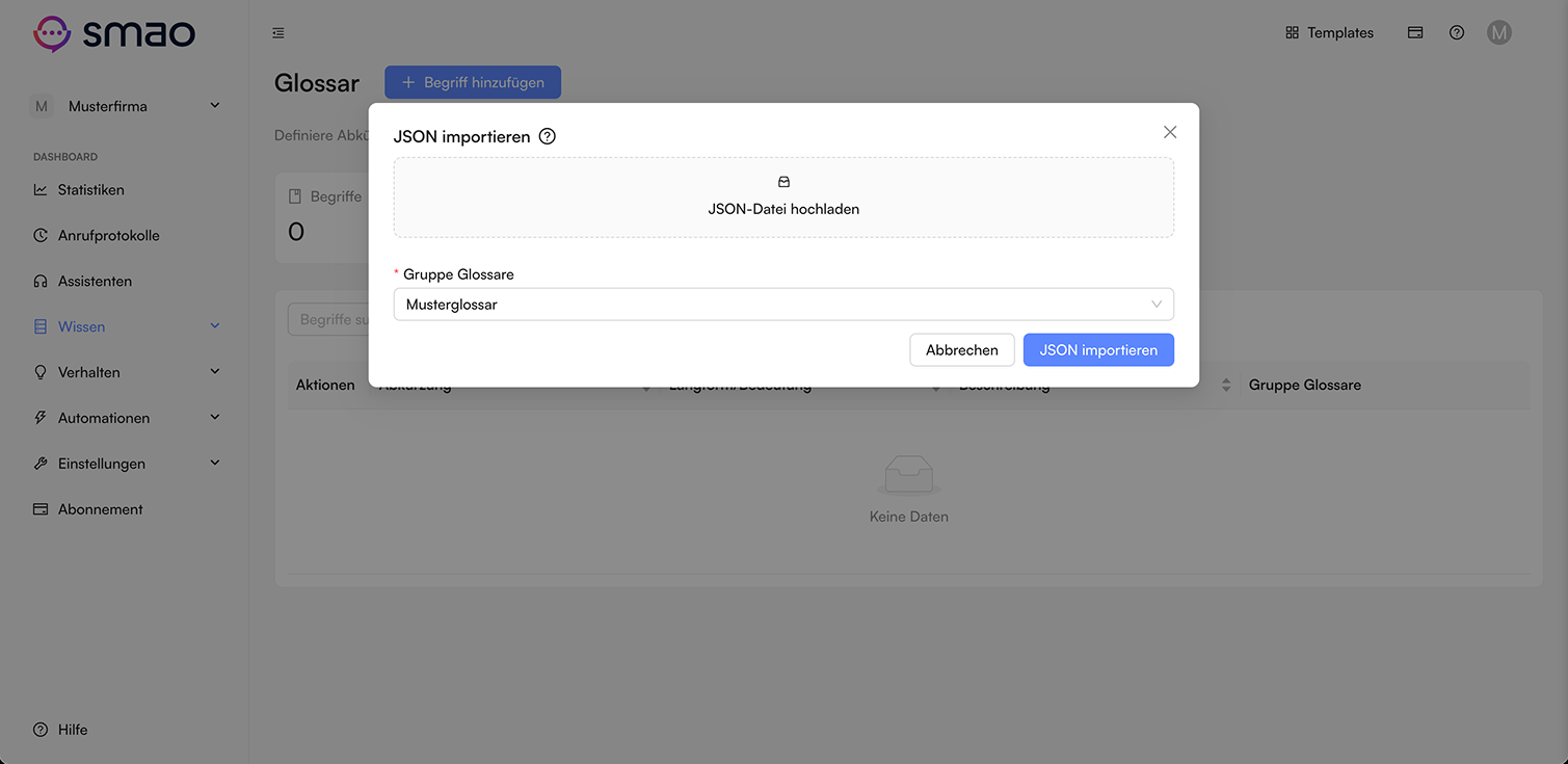 Screenshot: Glossareinträge importieren