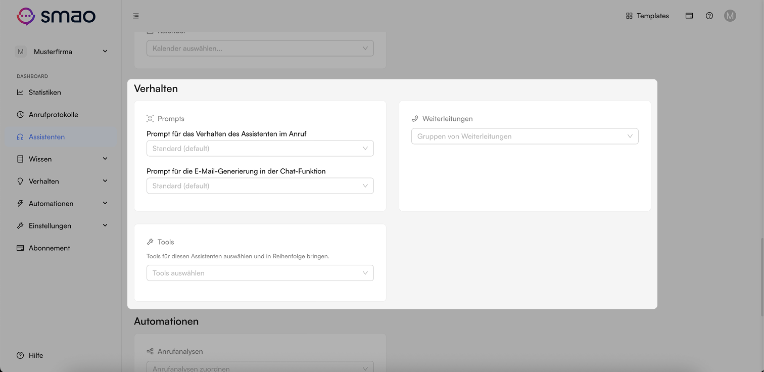 Screenshot: Verhalten anpassen