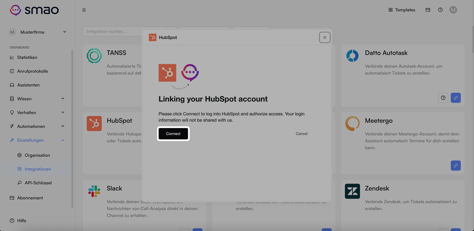 Screenshot: HubSpot Verbindung starten