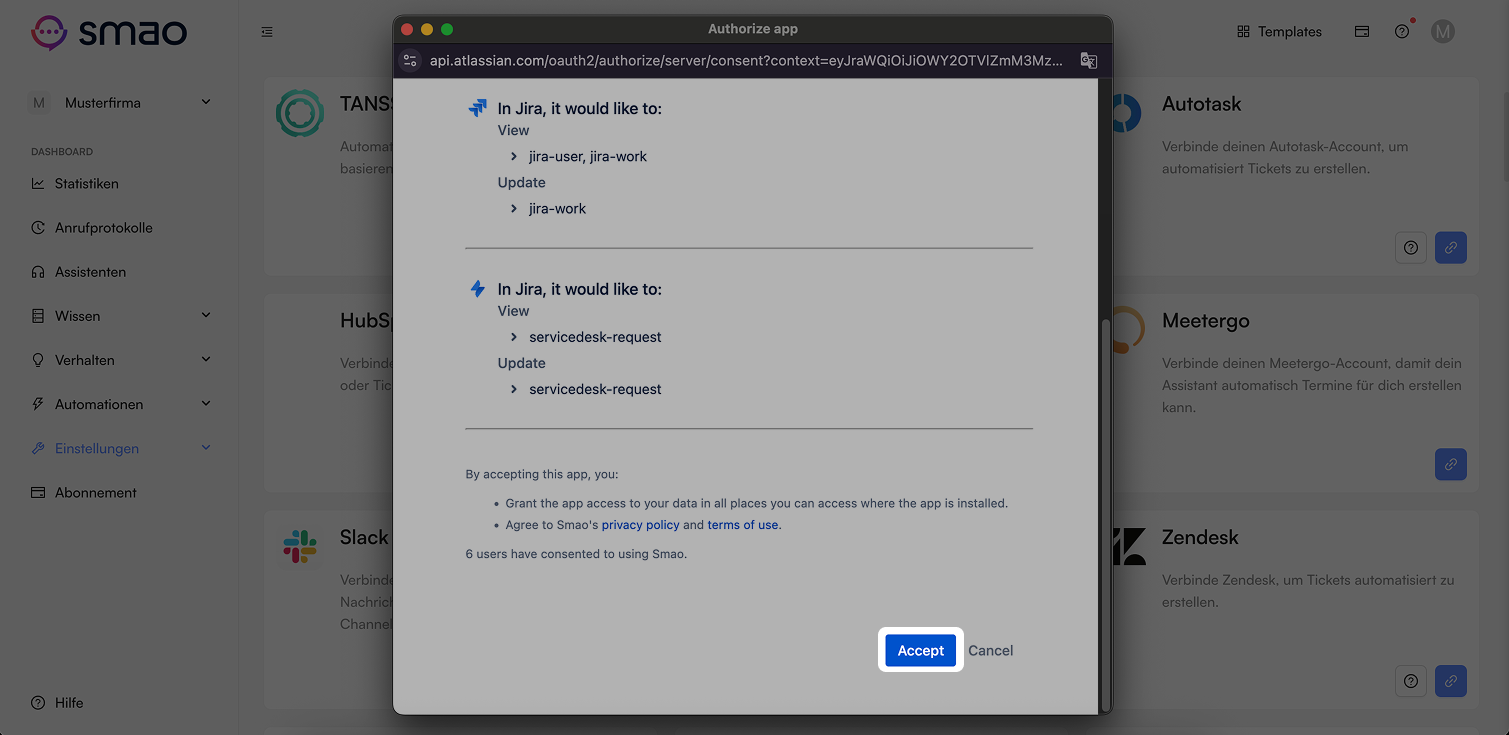 Screenshot: Jira Service Management Berechtigung akzeptieren