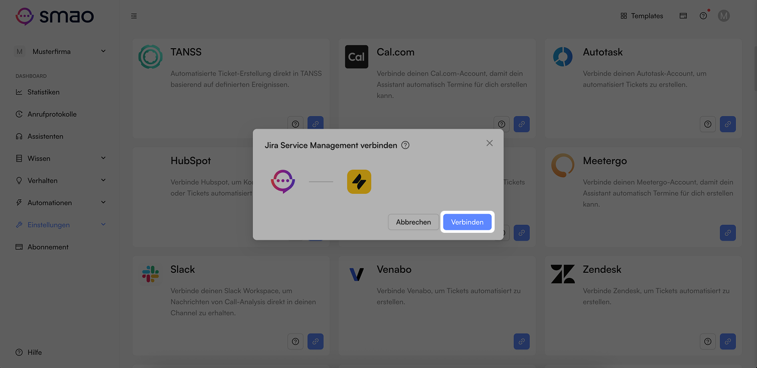 Screenshot: Jira Service Management Verbindung starten