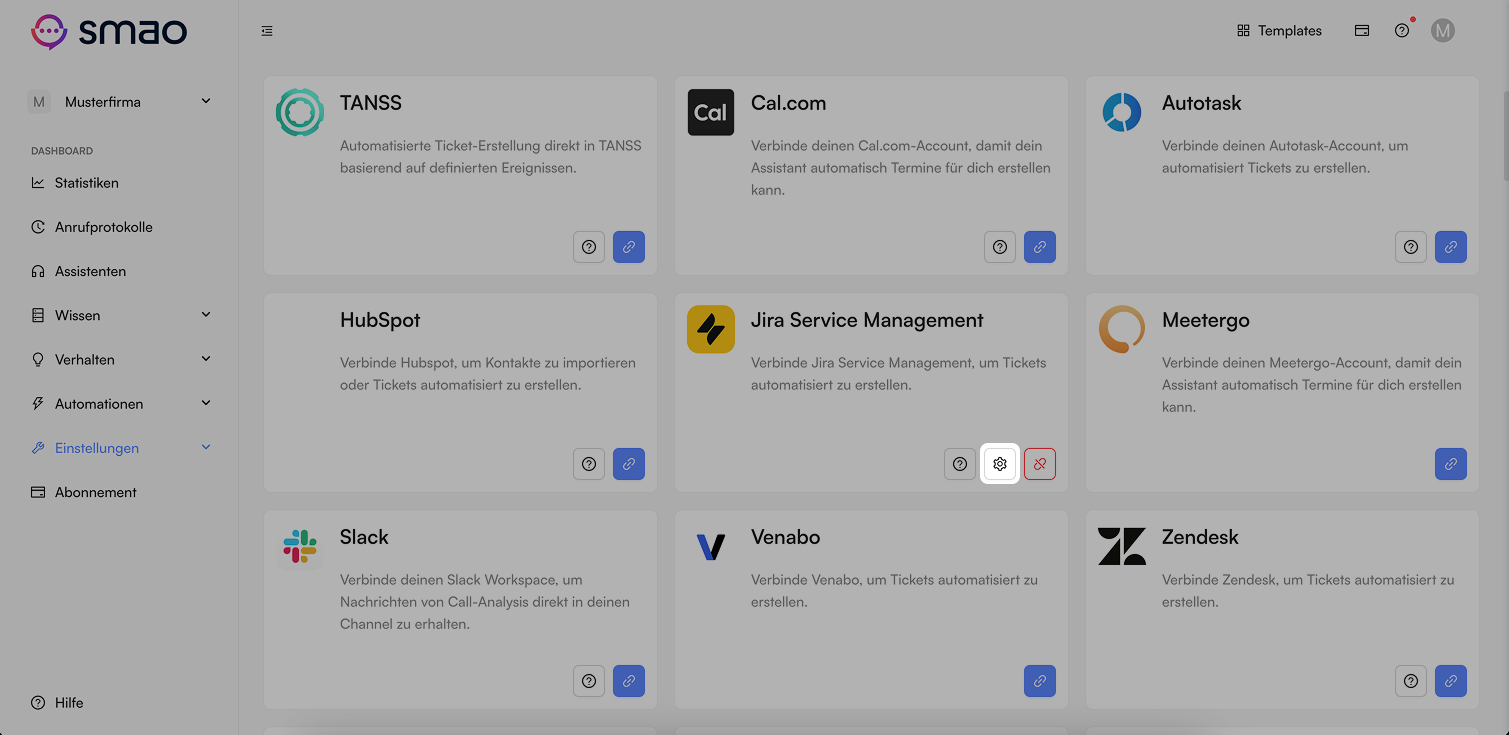 Screenshot: Jira Service Management Einstellungen
