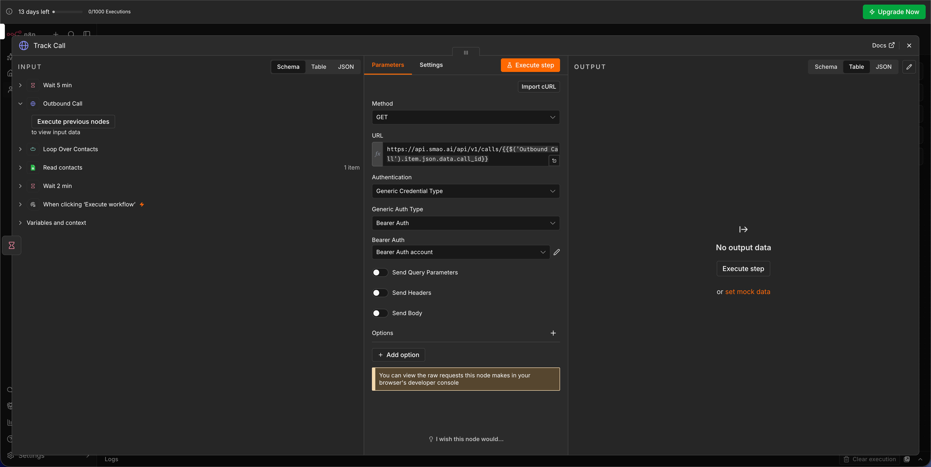 Screenshot: HTTP Request Node mit GET-Abfrage der Anrufdaten