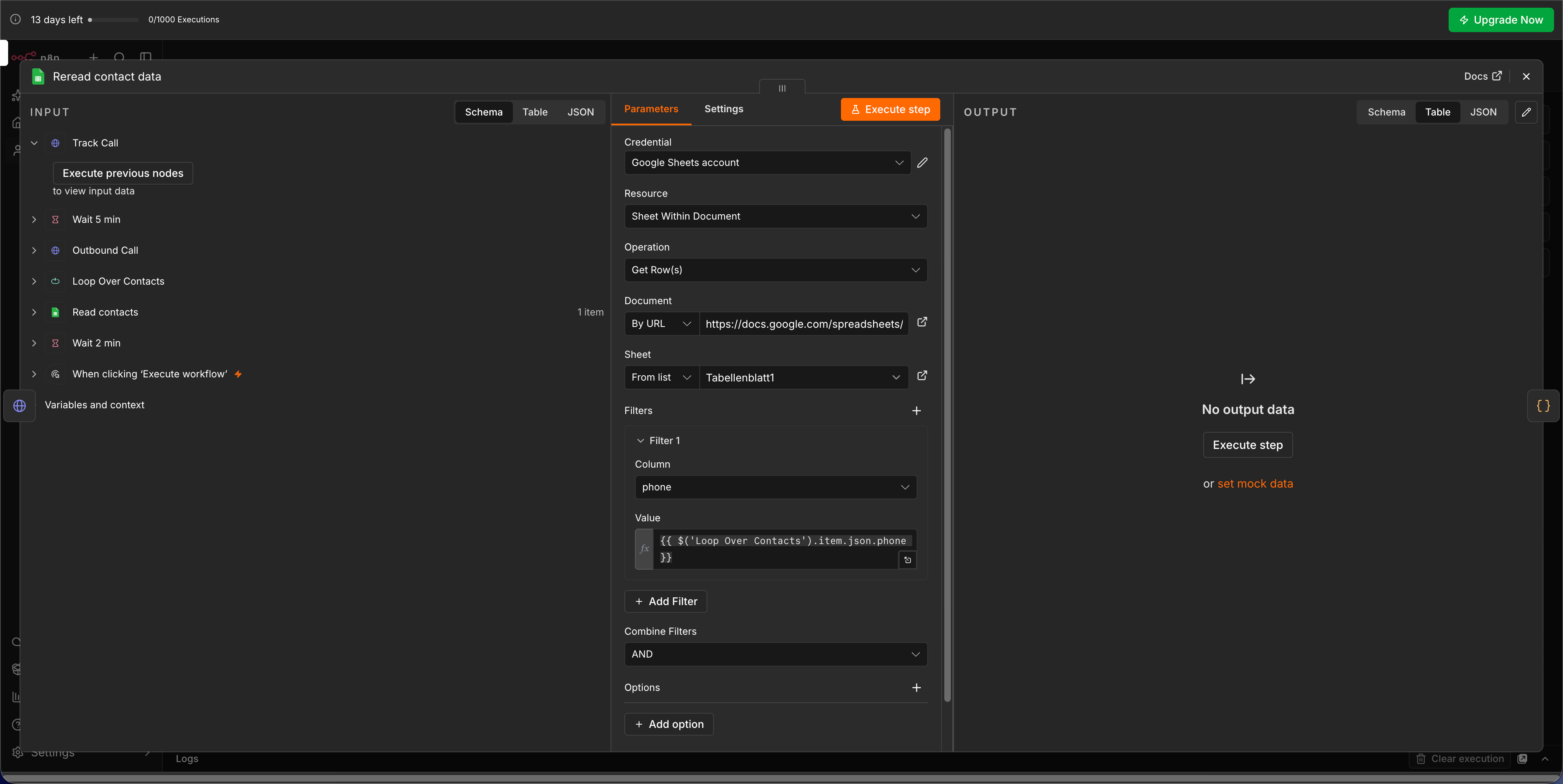 Screenshot: Google Sheets Node mit Filter auf die Telefonnummer des Kontakts