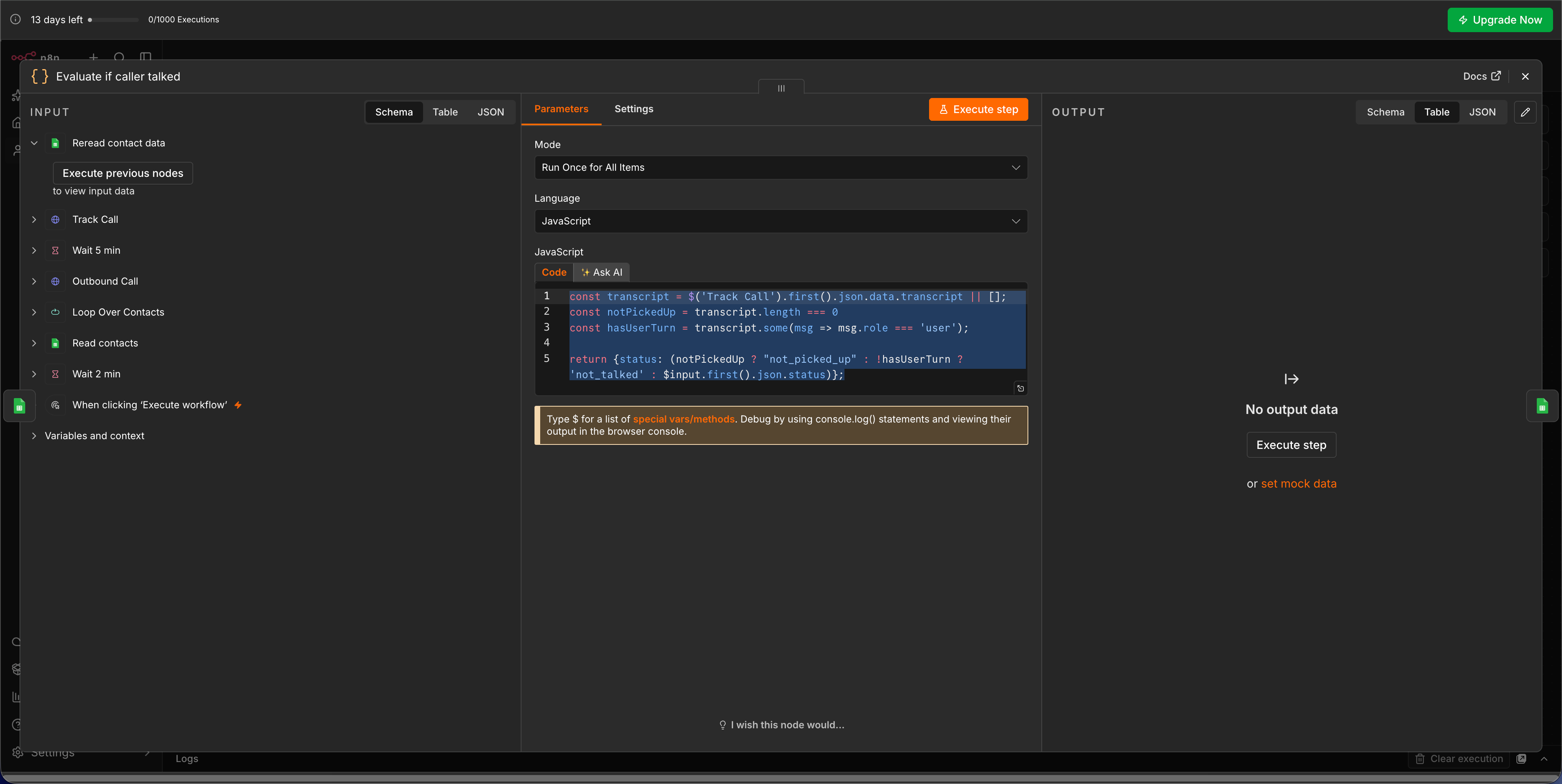 Screenshot: Code Node mit JavaScript zur Auswertung des Transkripts