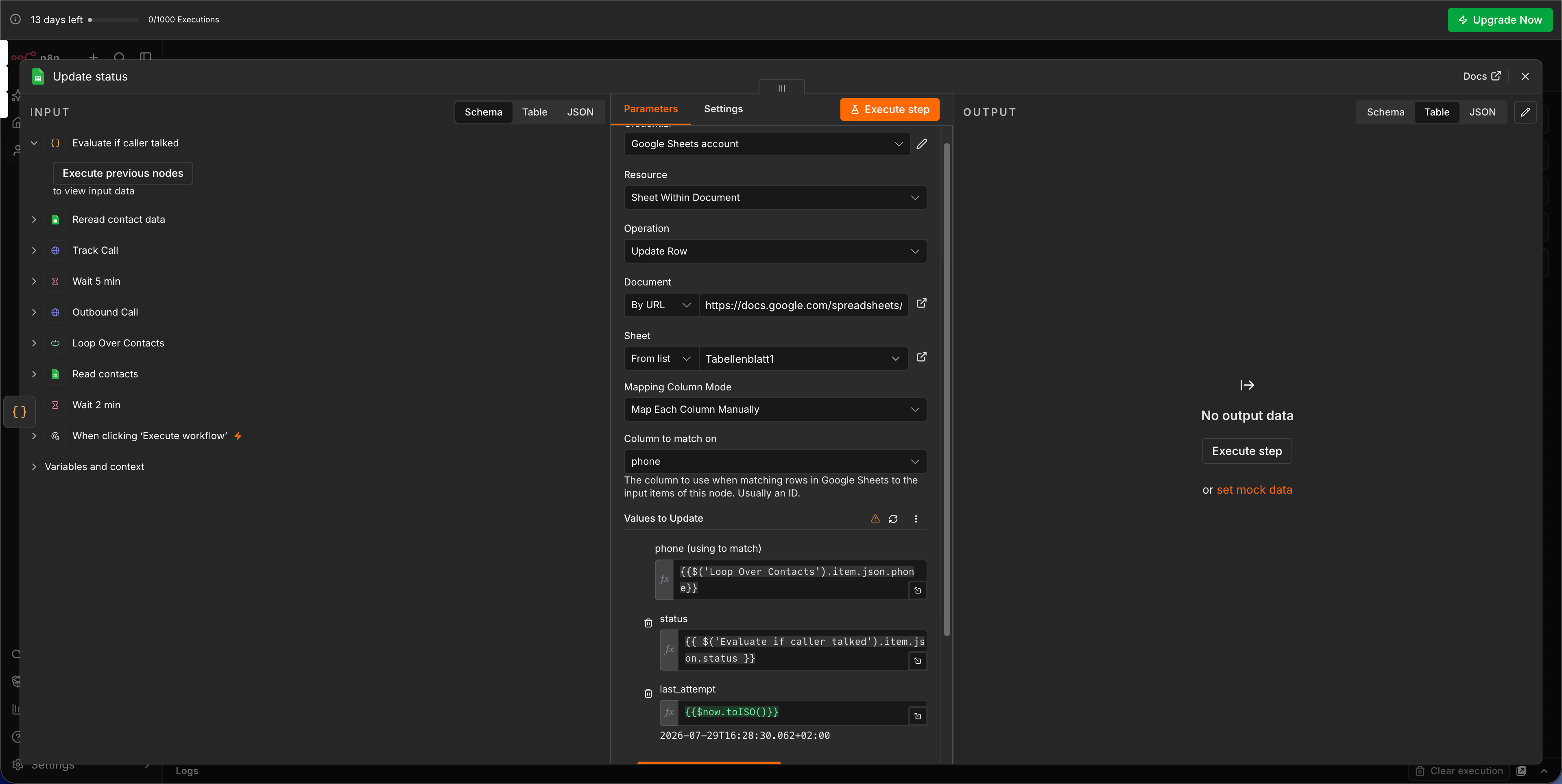 Screenshot: Google Sheets Node mit Update Row und den Werten für phone, status und last_attempt