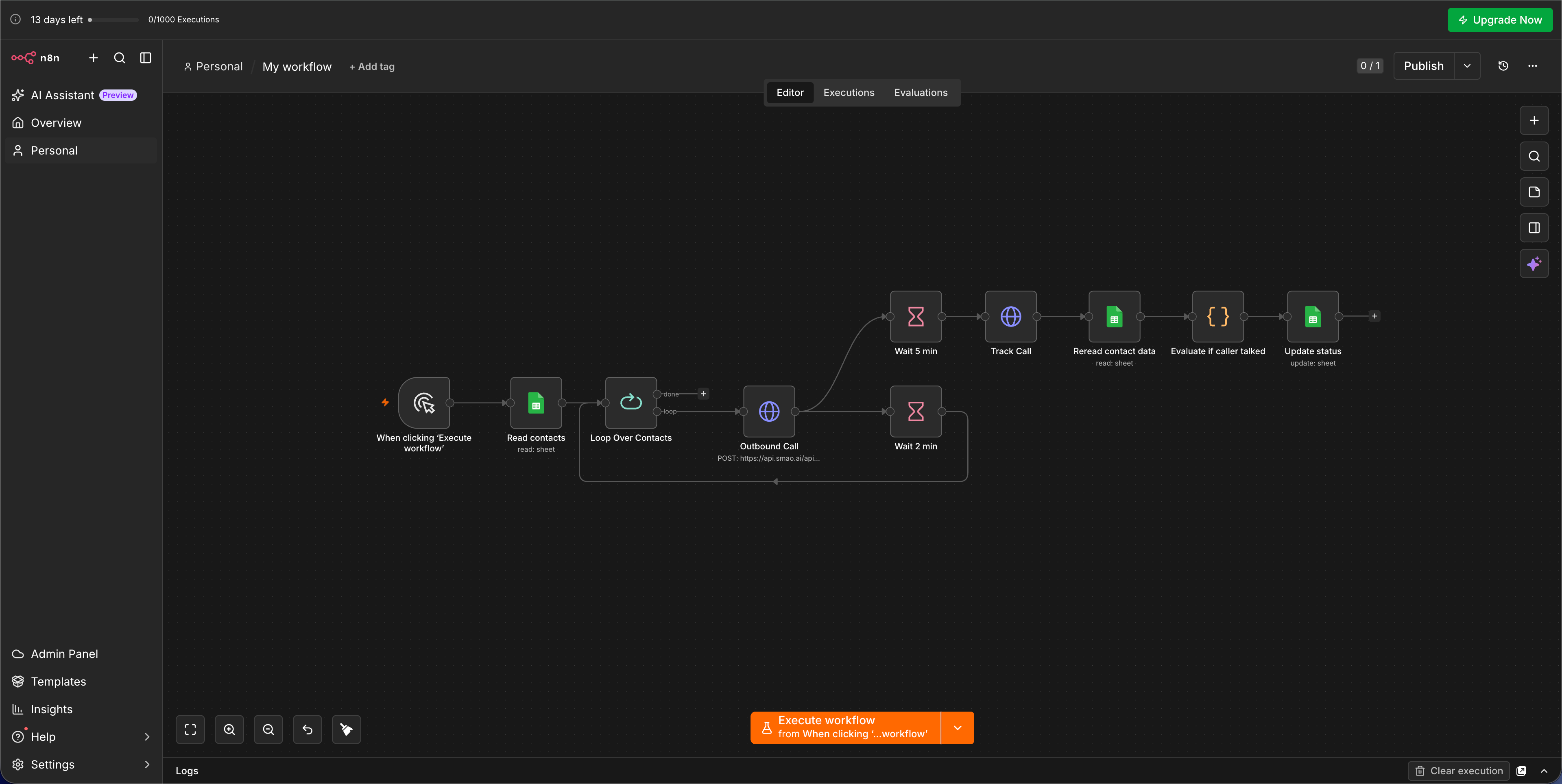 Screenshot: Workflow mit Kontaktschleife, Anruf und Auswertungszweig