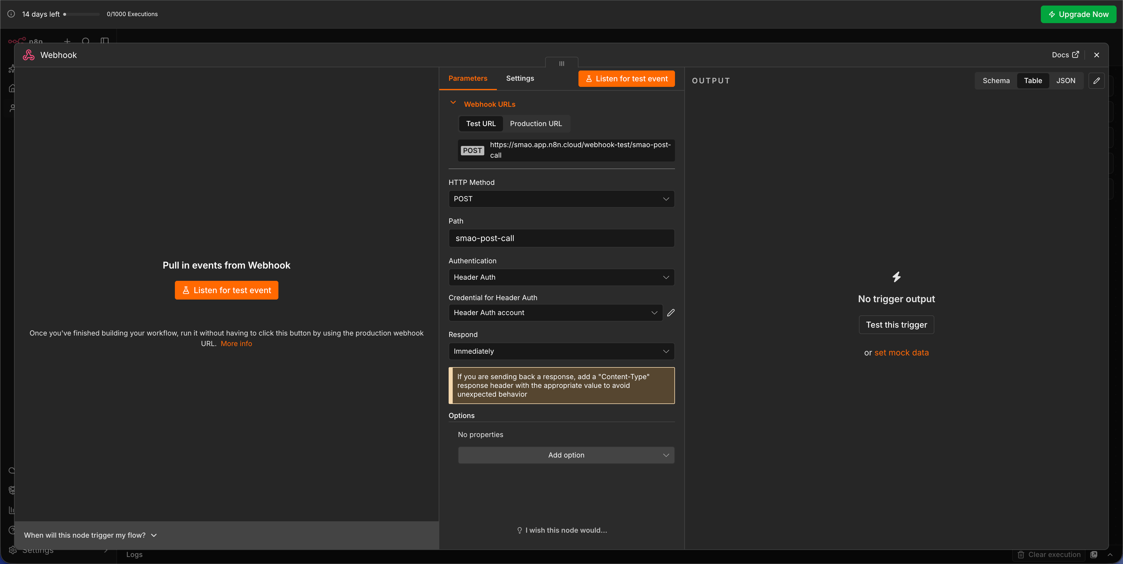 Screenshot: Webhook Trigger mit POST, Path smao-post-call und Header Auth