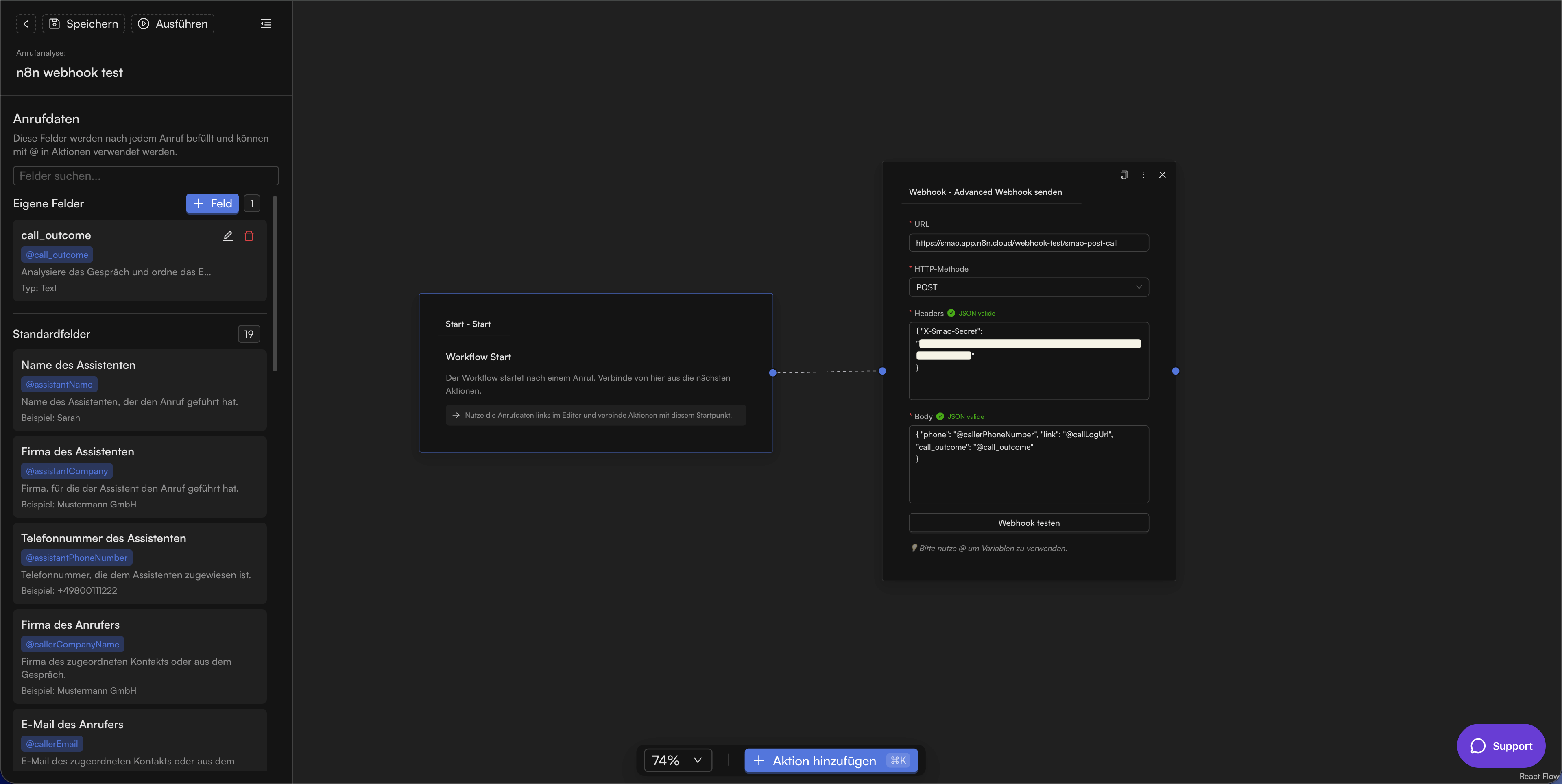 Screenshot: Anrufanalyse in smao mit eigener Variable und Advanced Webhook