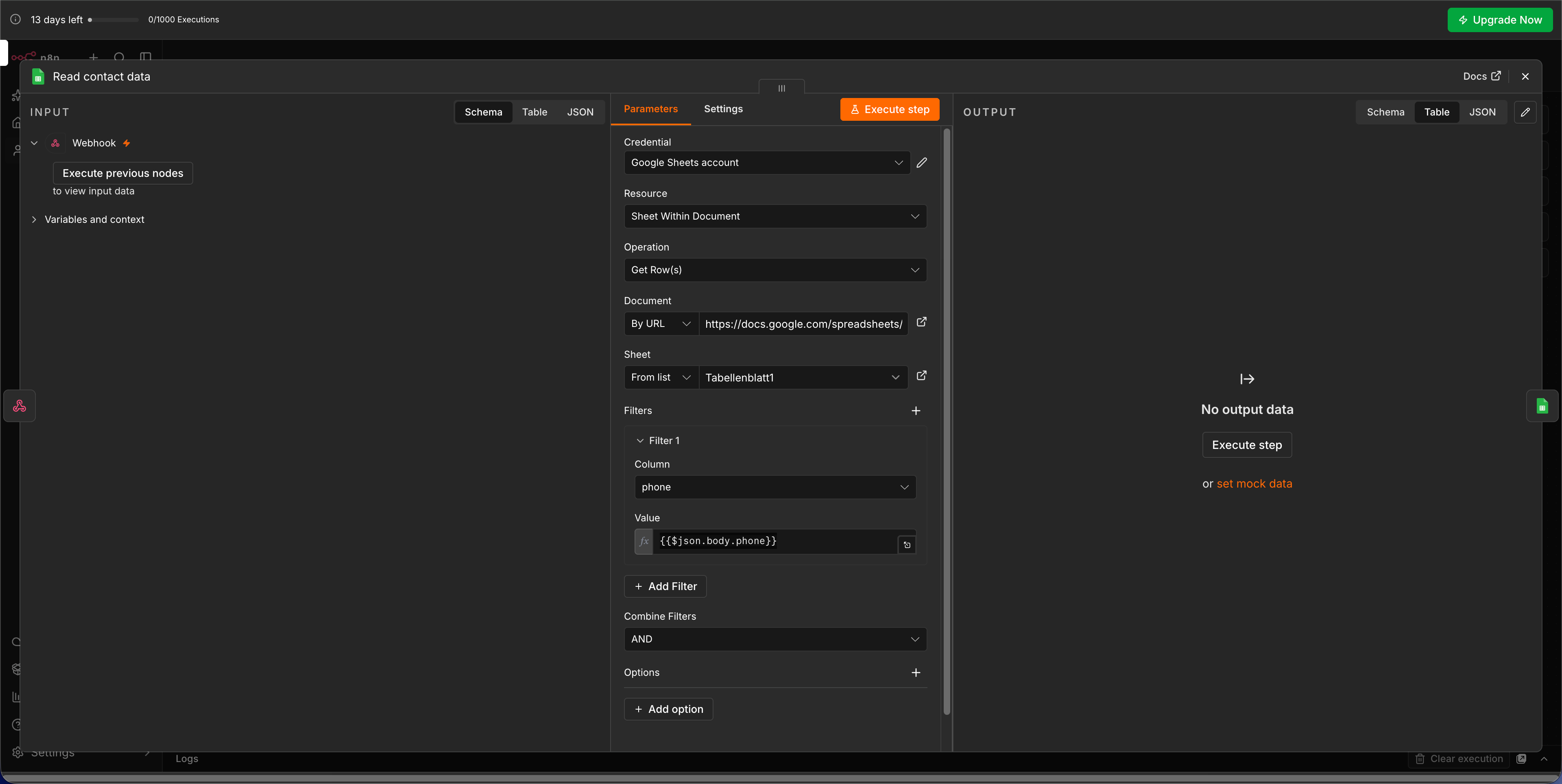 Screenshot: Google Sheets Node mit Filter auf die Telefonnummer aus dem Webhook