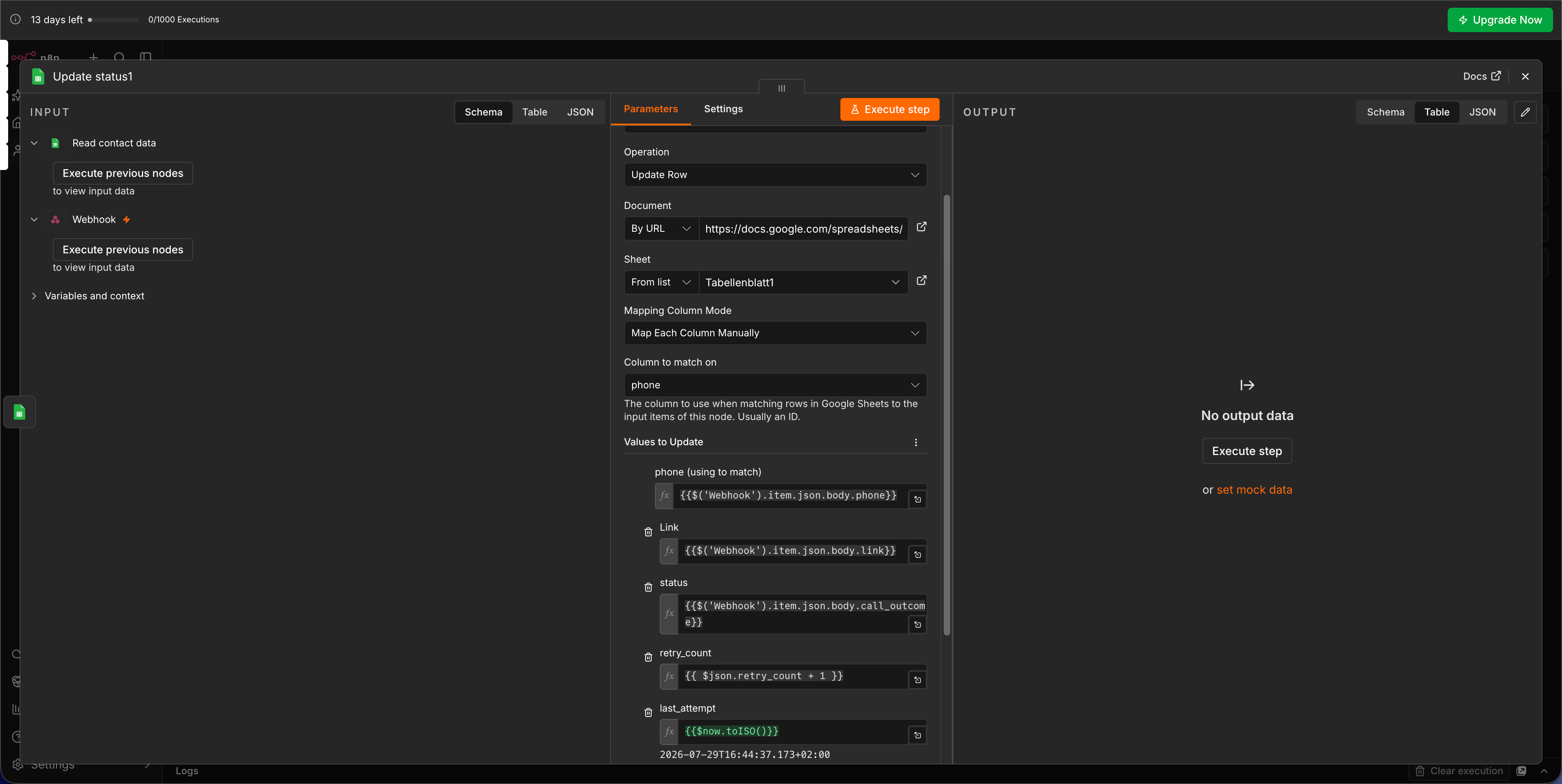 Screenshot: Google Sheets Node mit den Werten aus dem Webhook