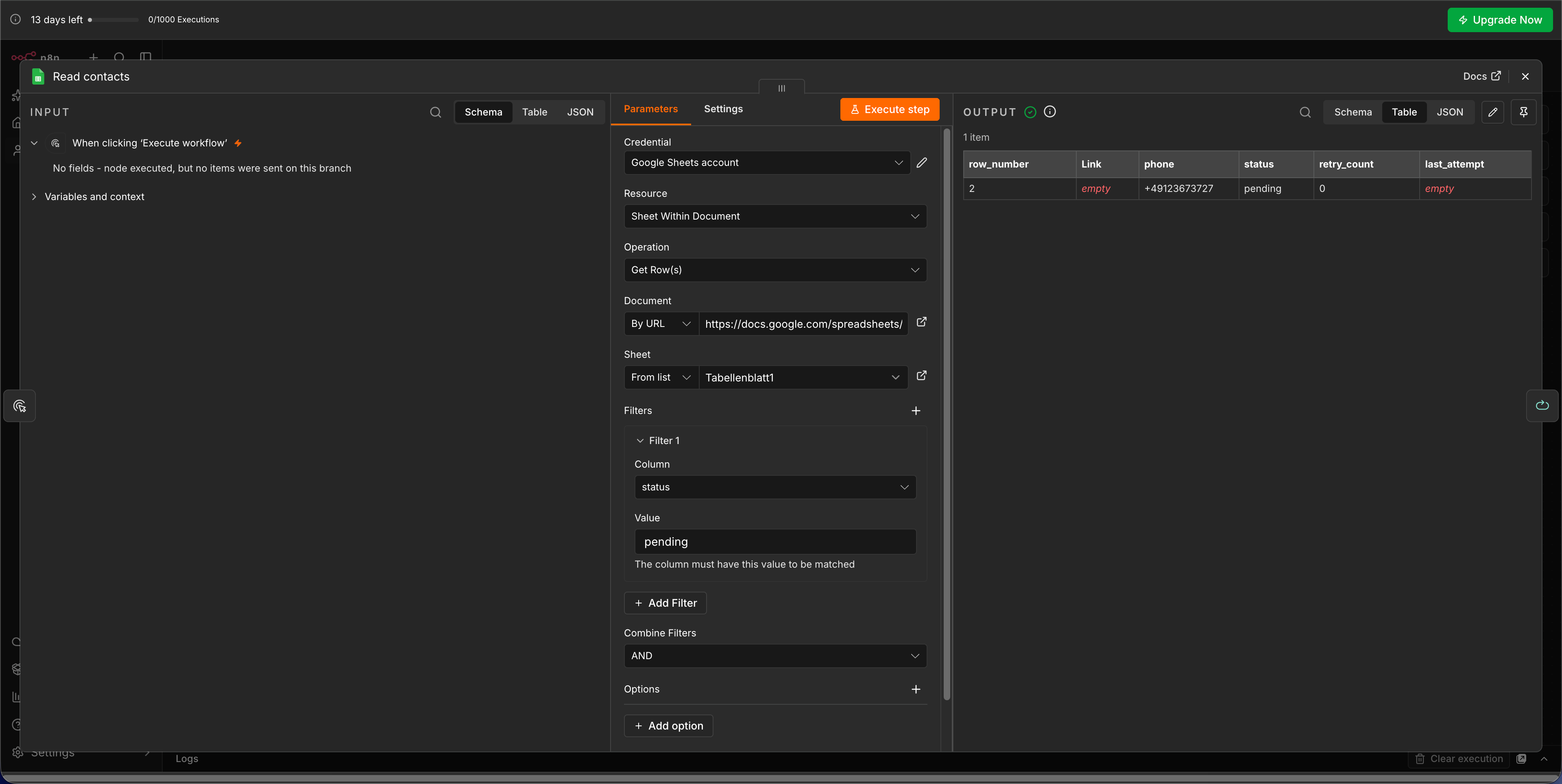 Screenshot: Google Sheets Node mit Filter auf status pending