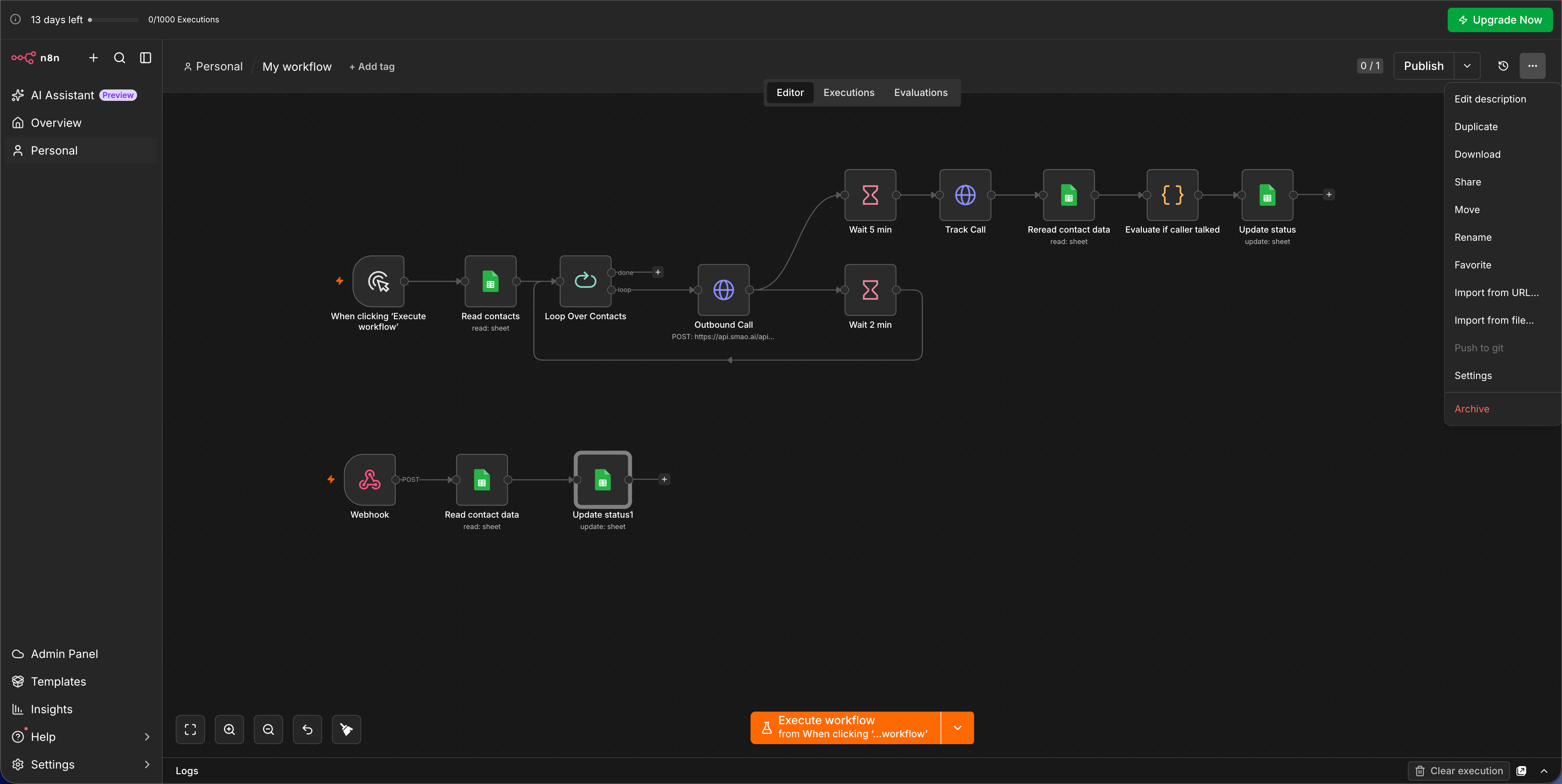 Screenshot: fertiger n8n-Workflow mit Kontaktschleife und Webhook-Zweig
