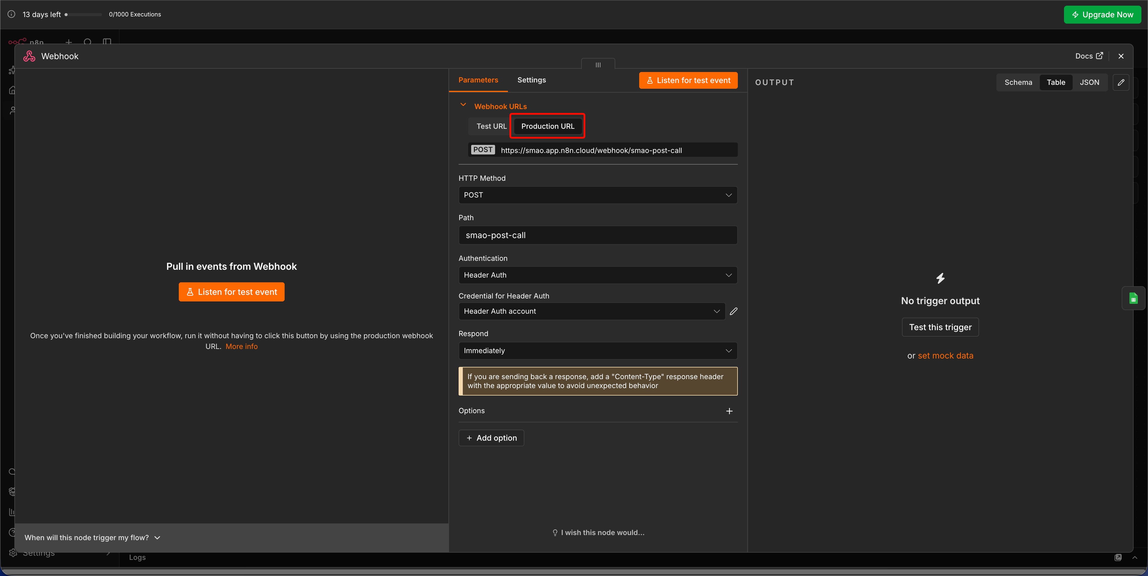 Screenshot: Production URL im Webhook-Trigger
