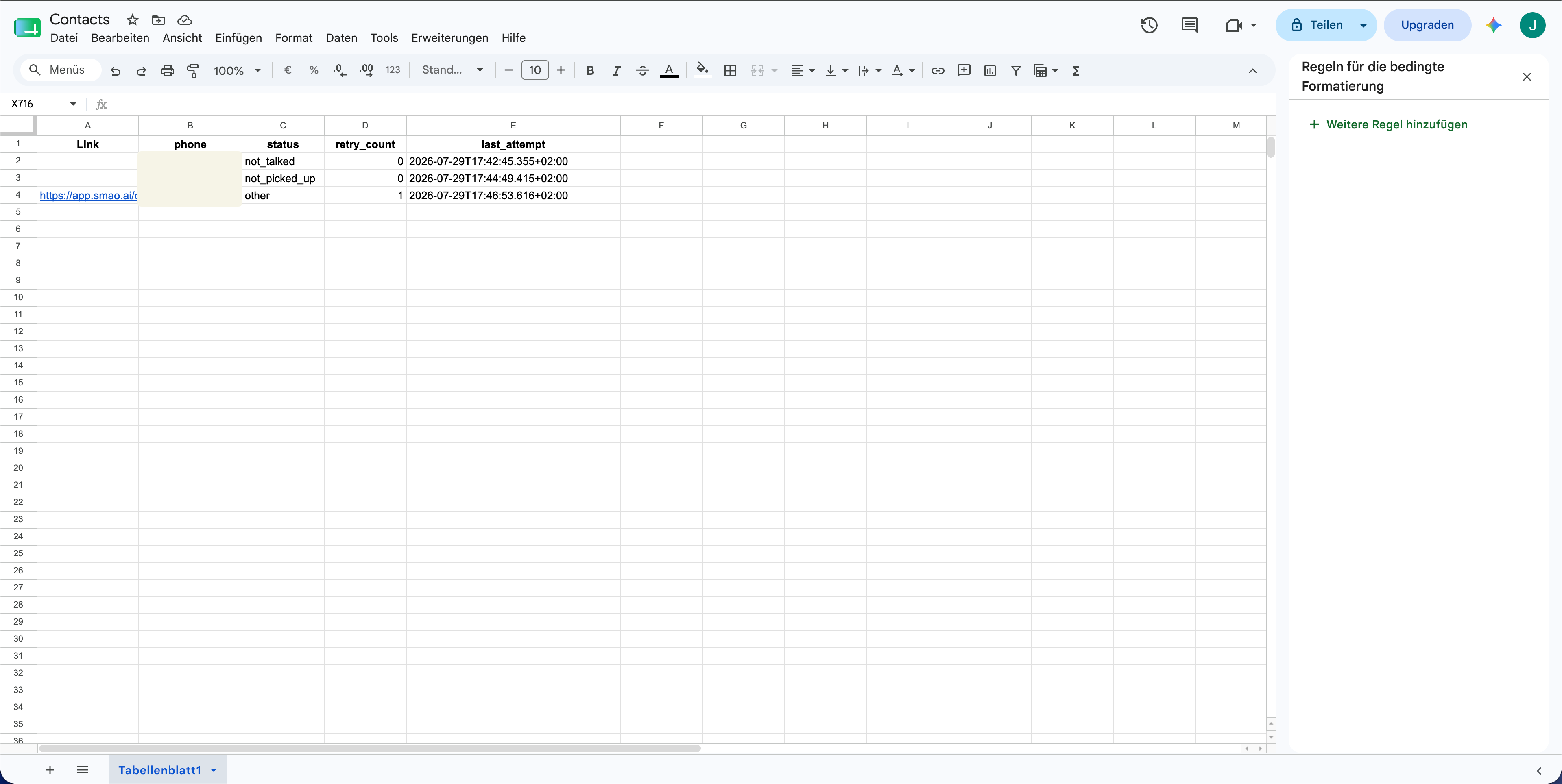 Screenshot: Kontaktliste mit Status, Zeitstempel und Link je Kontakt