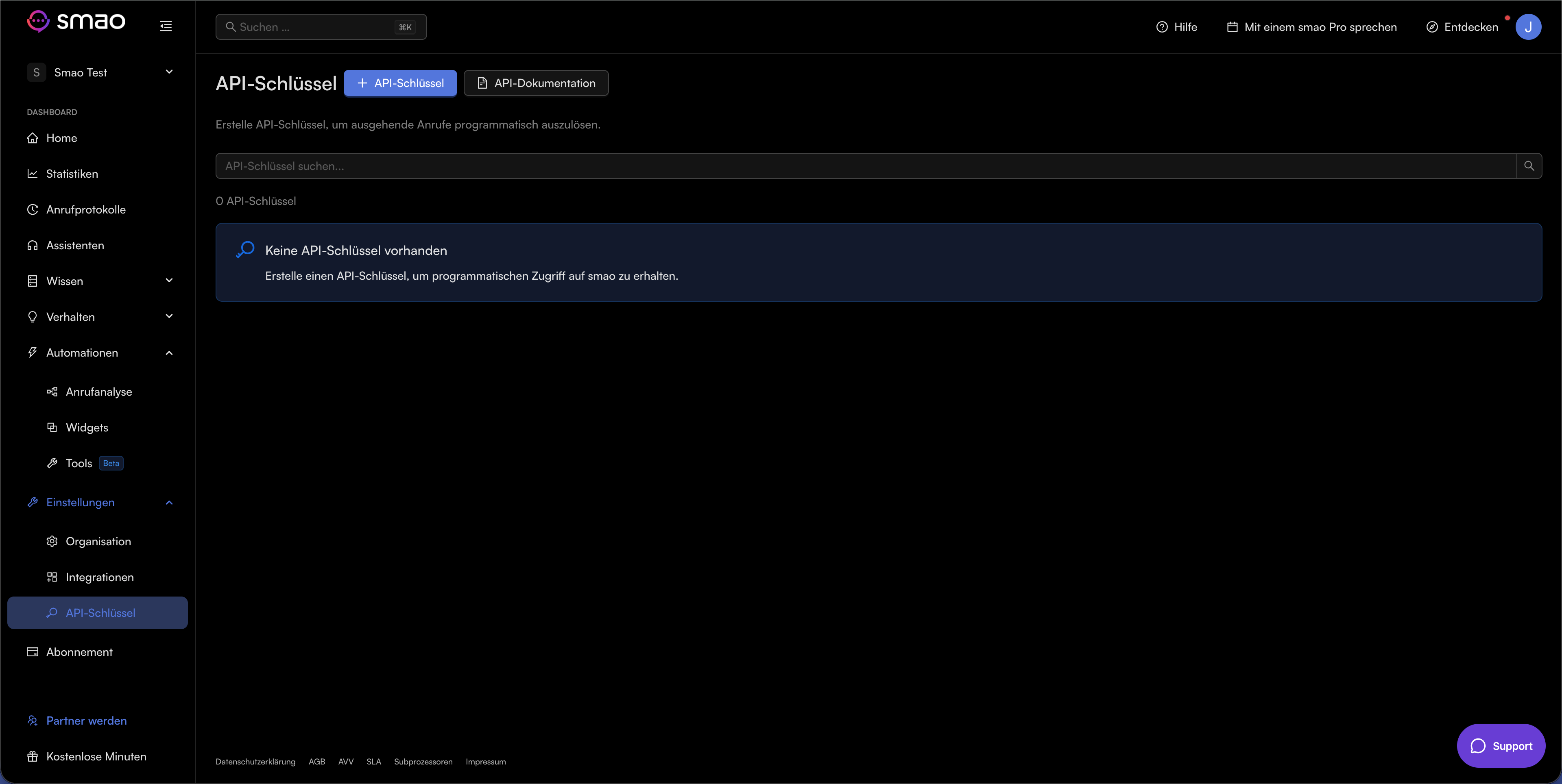 Screenshot: Seite API-Schlüssel in den smao Einstellungen