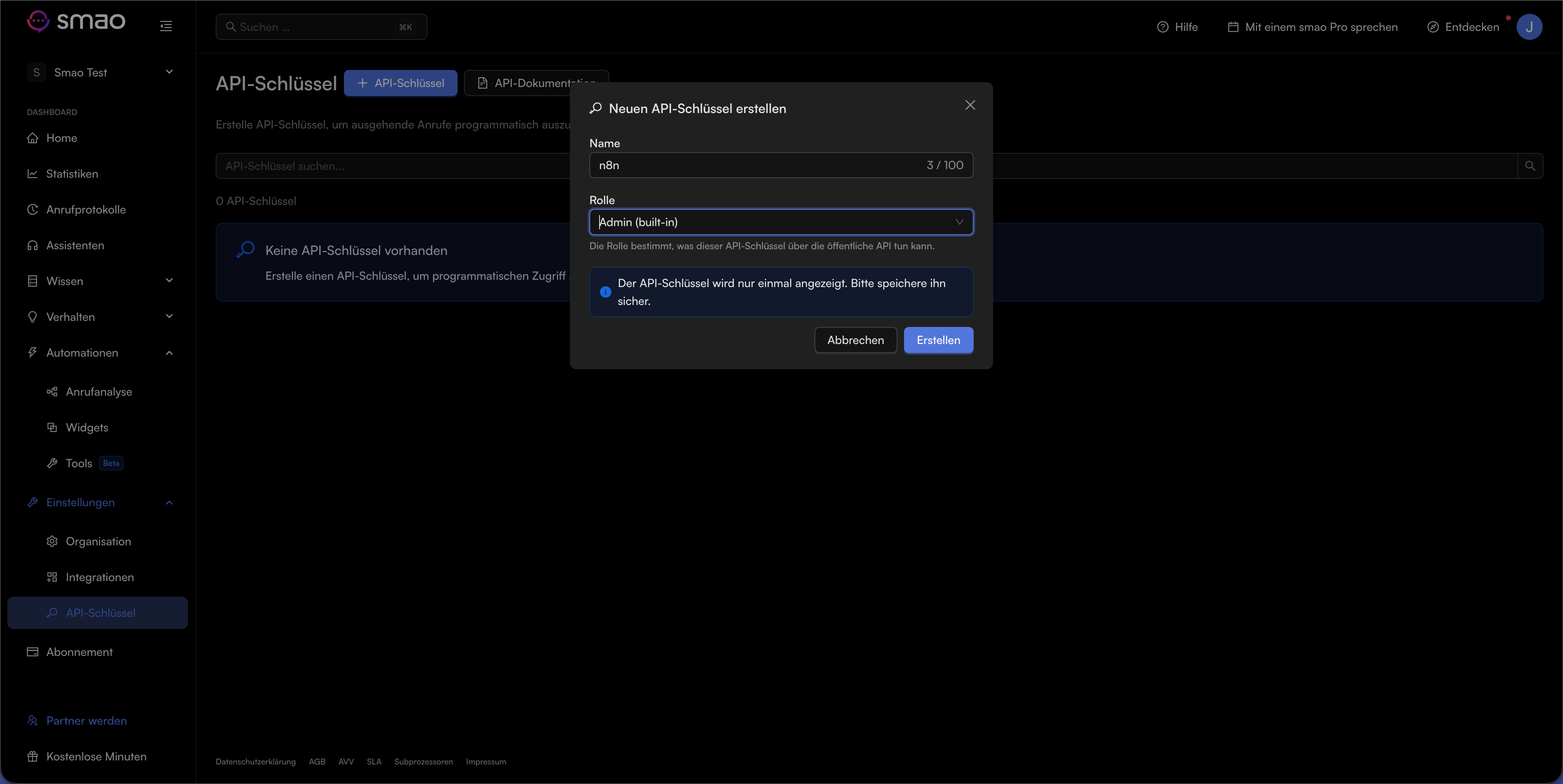Screenshot: Dialog zum Erstellen eines API-Schlüssels mit Name und Rolle