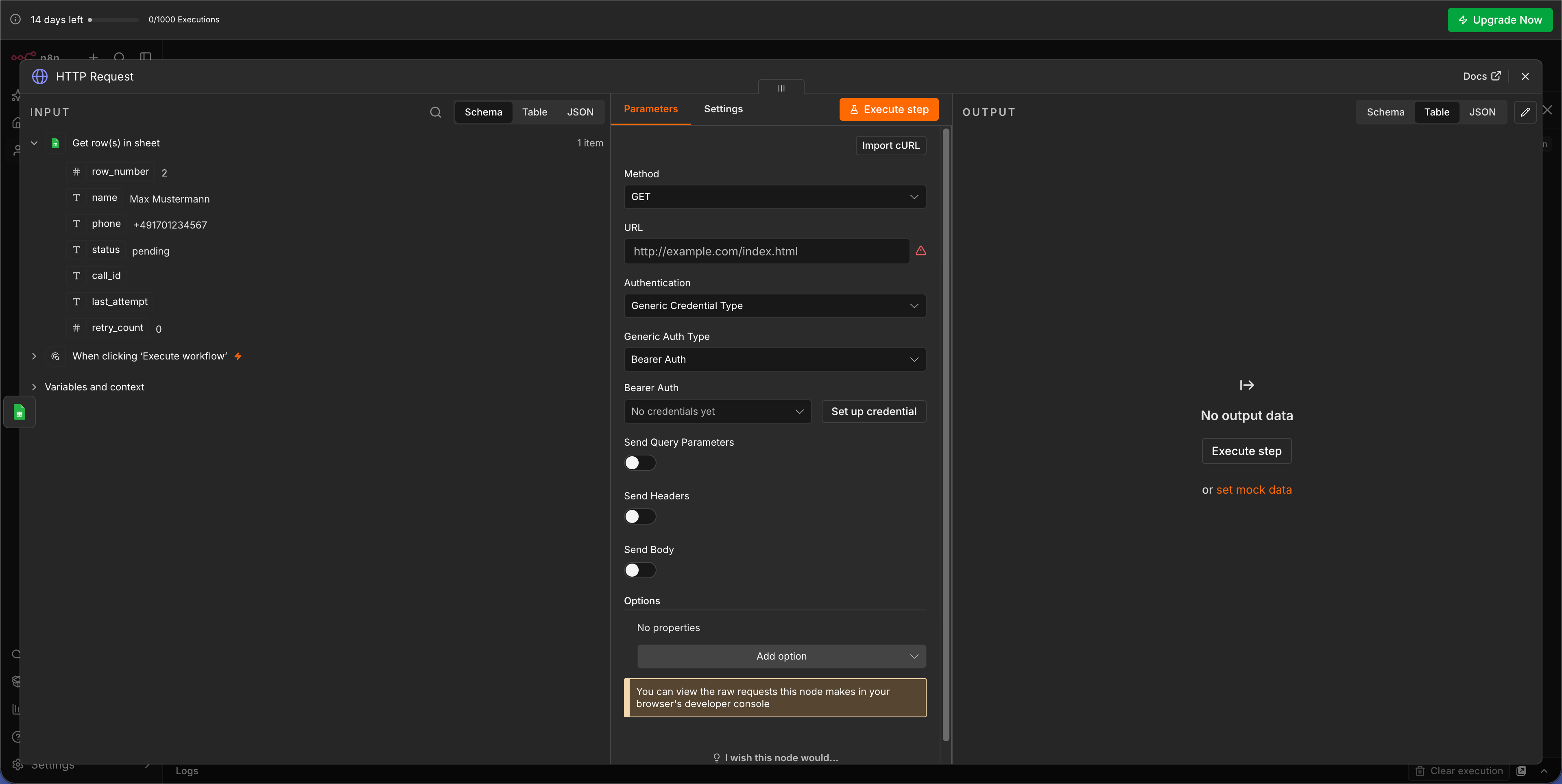 Screenshot: HTTP Request Node mit Generic Credential Type und Bearer Auth