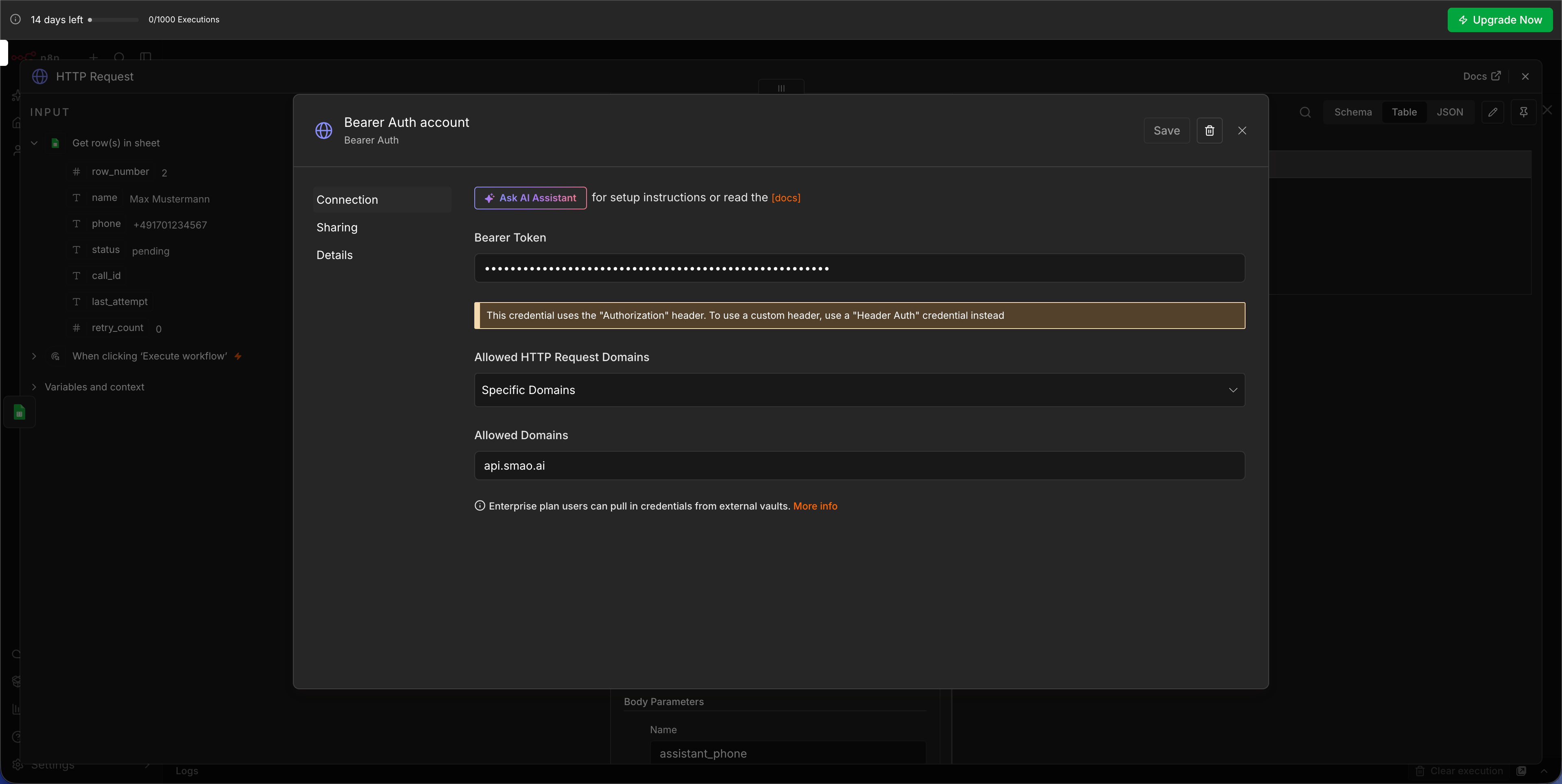 Screenshot: Bearer Auth Credential mit eingetragenem Token