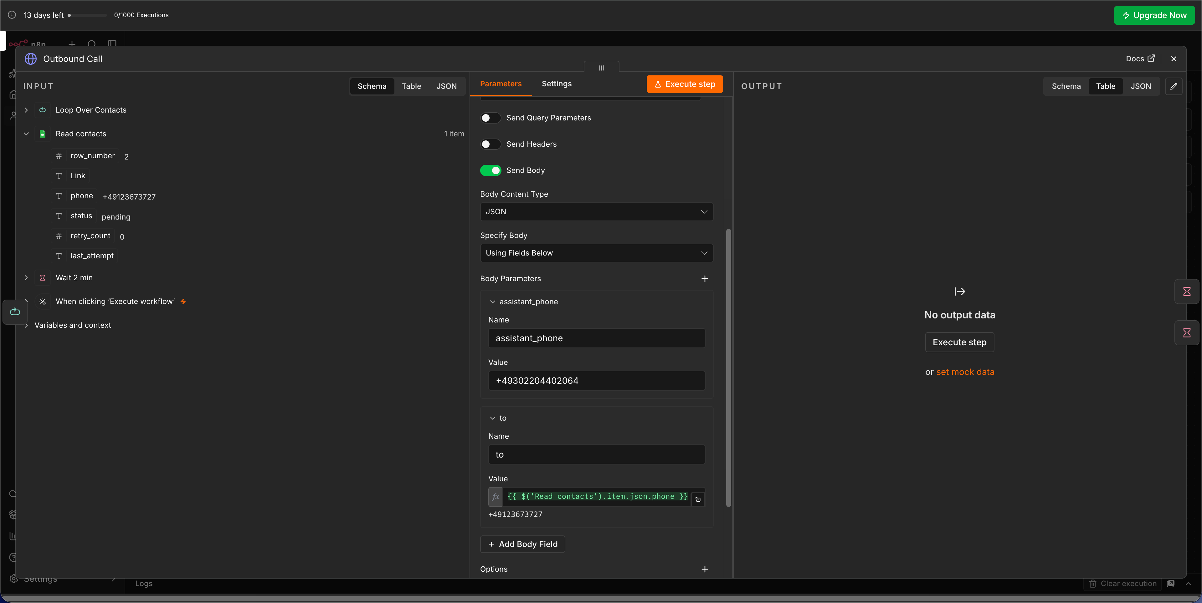 Screenshot: Body Parameters mit assistant_phone und to