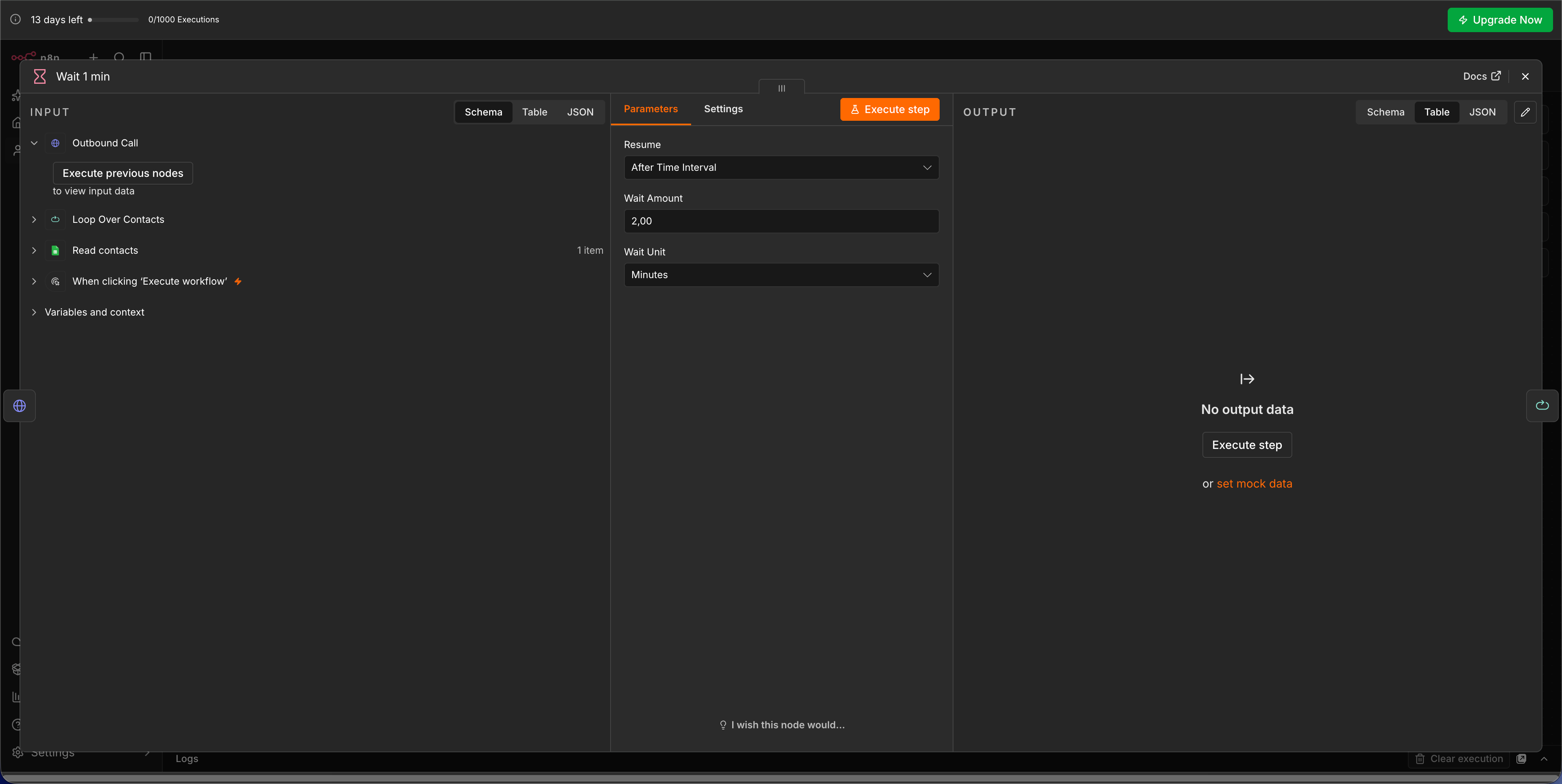 Screenshot: Wait Node mit 2 Minuten Wartezeit